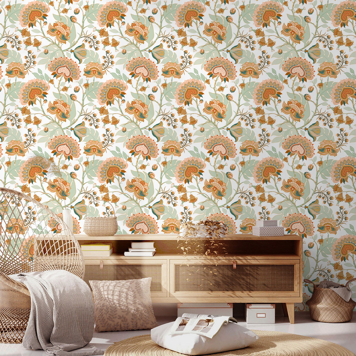 HaokHome Boho Wallpaper Vintage Chomper Flower Peel and Stick Wall Paper for Home Decor Countertops Cabinets