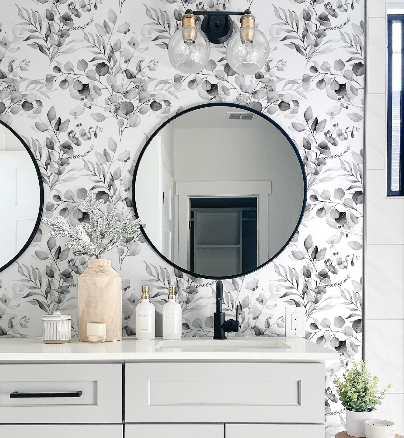 HaokHome Peel and Stick Wallpaper Boho Black/Grey/White Eucalyptus Leaf Floral Wall Mural Home Nursery Boho Contact Paper