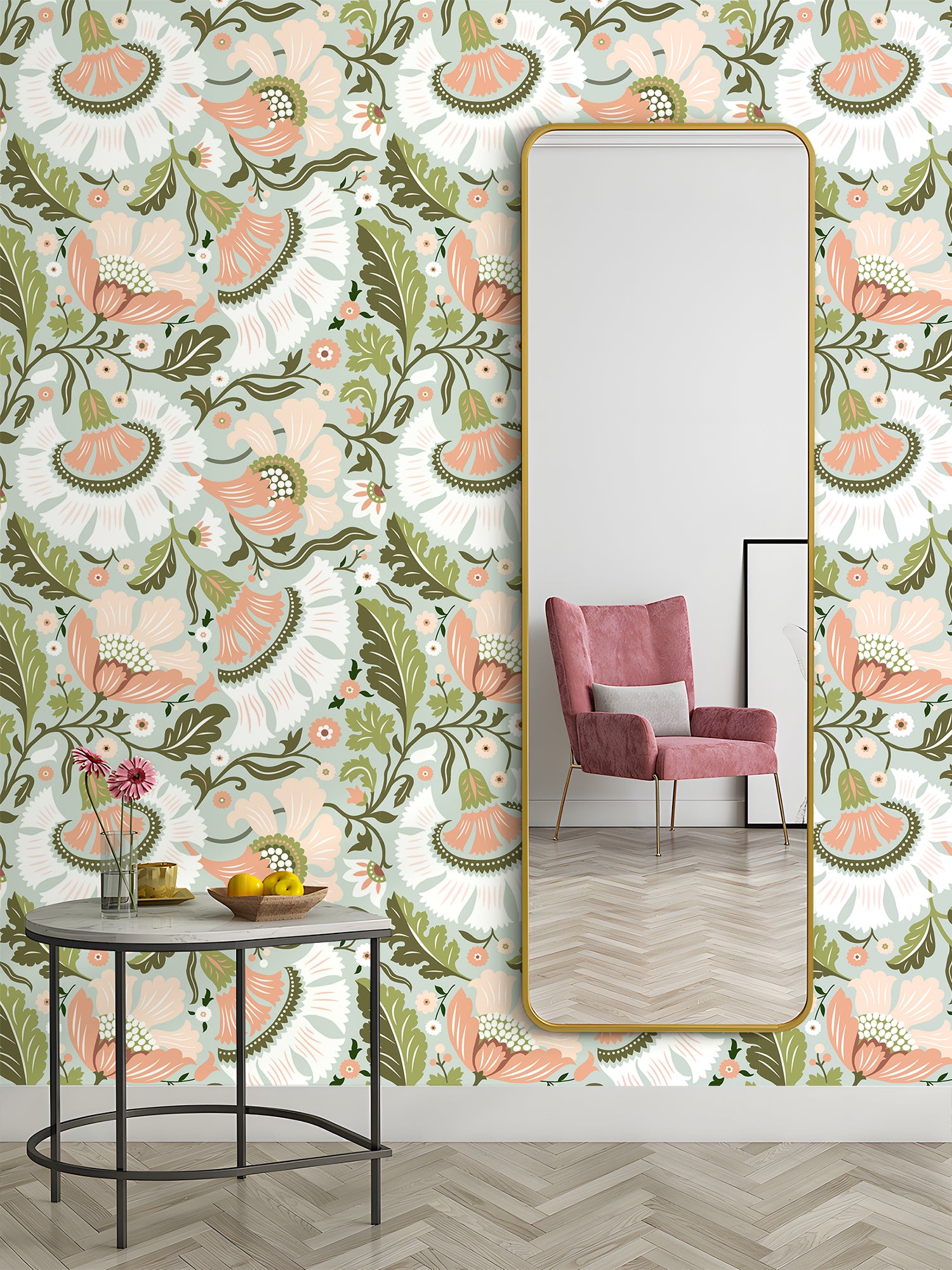 HaokHome Soft Folk Floral Peel and Stick Wallpaper, Mint Green & Blush Pink Removable Wallpaper for Nursery