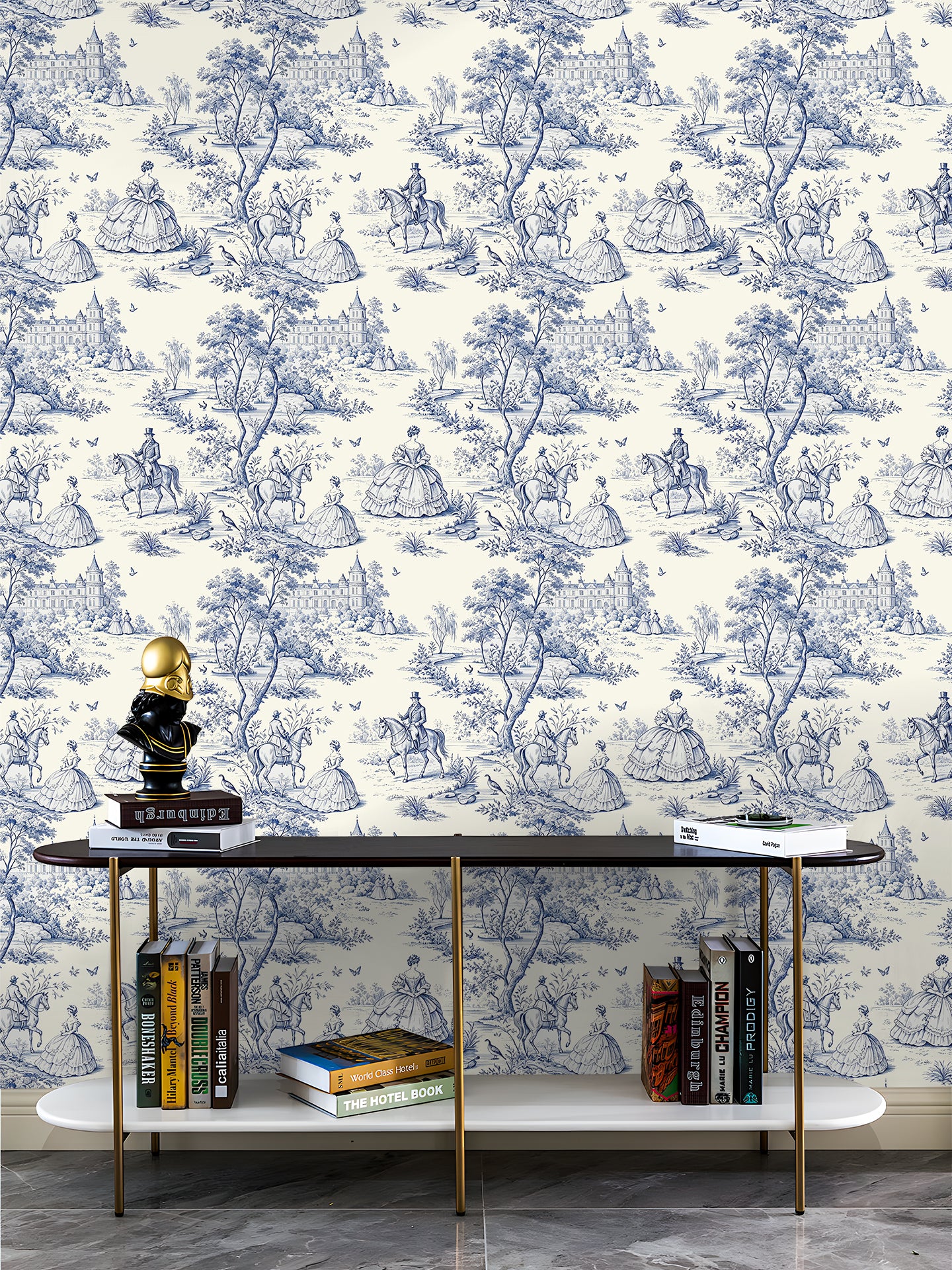 HaokHome Classic Toile de Jouy Peel and Stick Wallpaper, Blue & White French Countryside Scenic Removable Self Adhesive Wallpaper