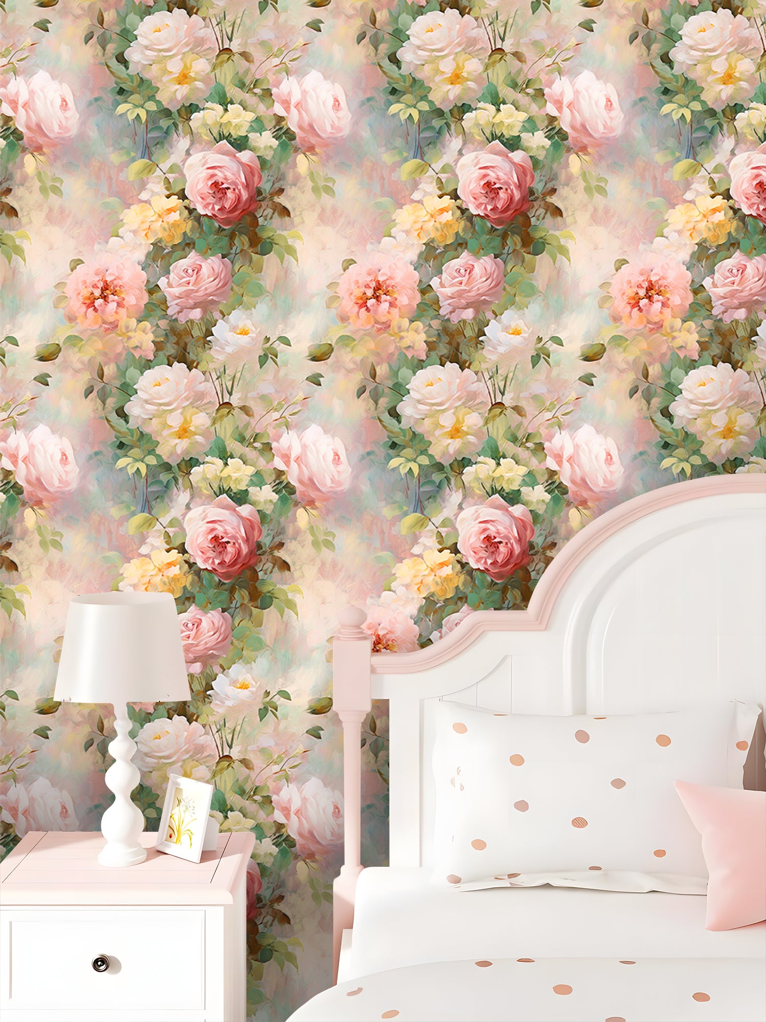 HaokHome Soft Oil Painting Rose Peel and Stick Wallpaper, Light Pastel Floral Removable Wallpaper, Cozy Bedroom Makeover