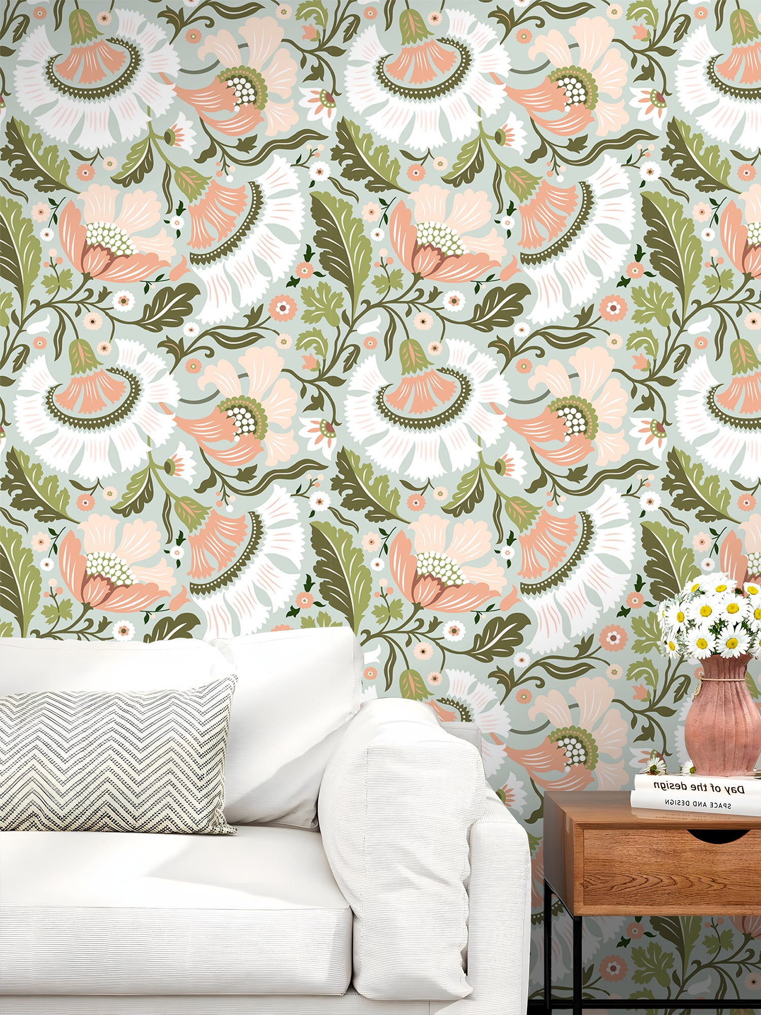 HaokHome Soft Folk Floral Peel and Stick Wallpaper, Mint Green & Blush Pink Removable Wallpaper for Nursery