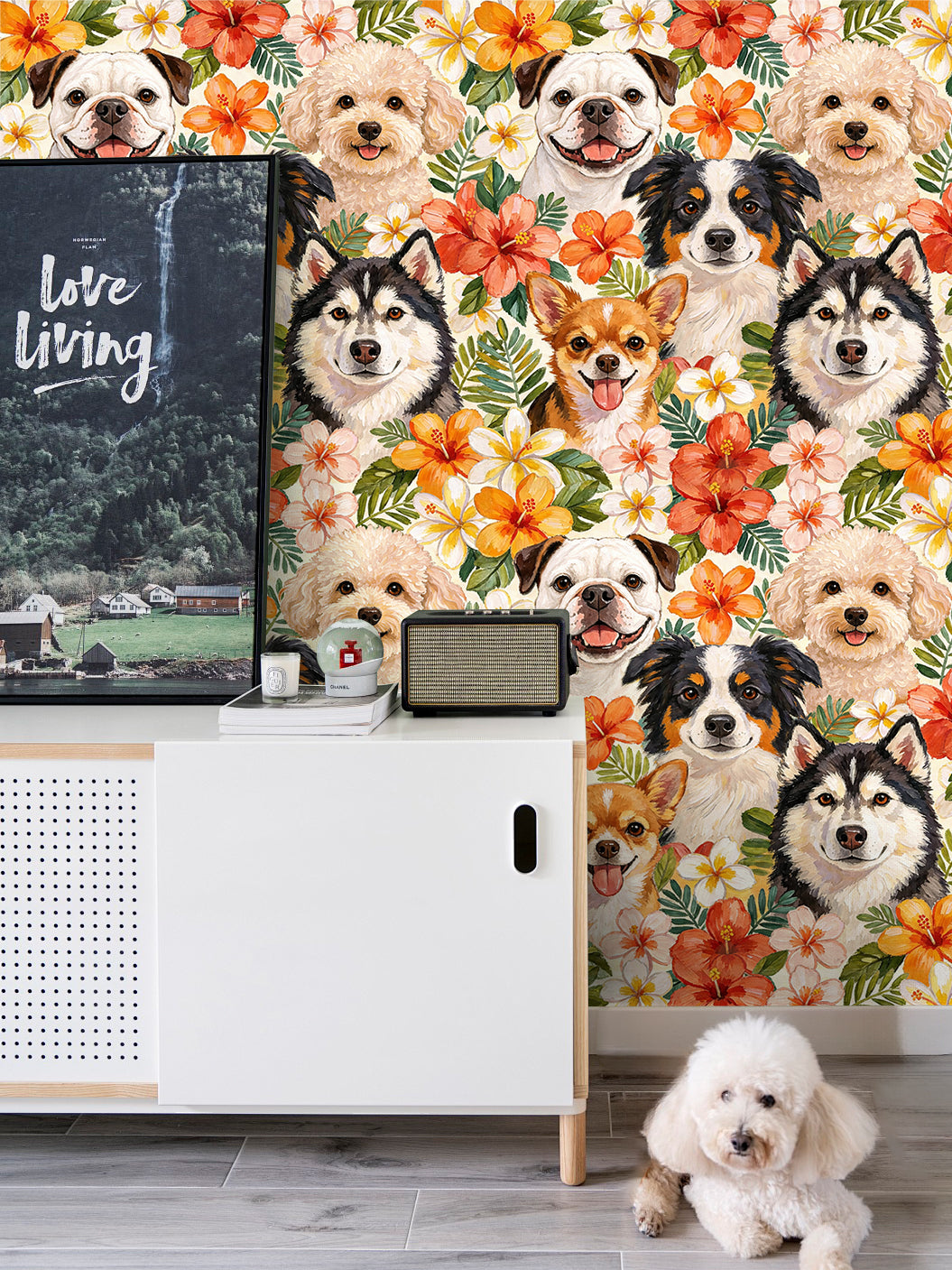 HaokHome Tropical Dog Floral Peel and Stick Wallpaper, Watercolor Puppy & Hibiscus Botanical Removable Self Adhesive Wallpaper