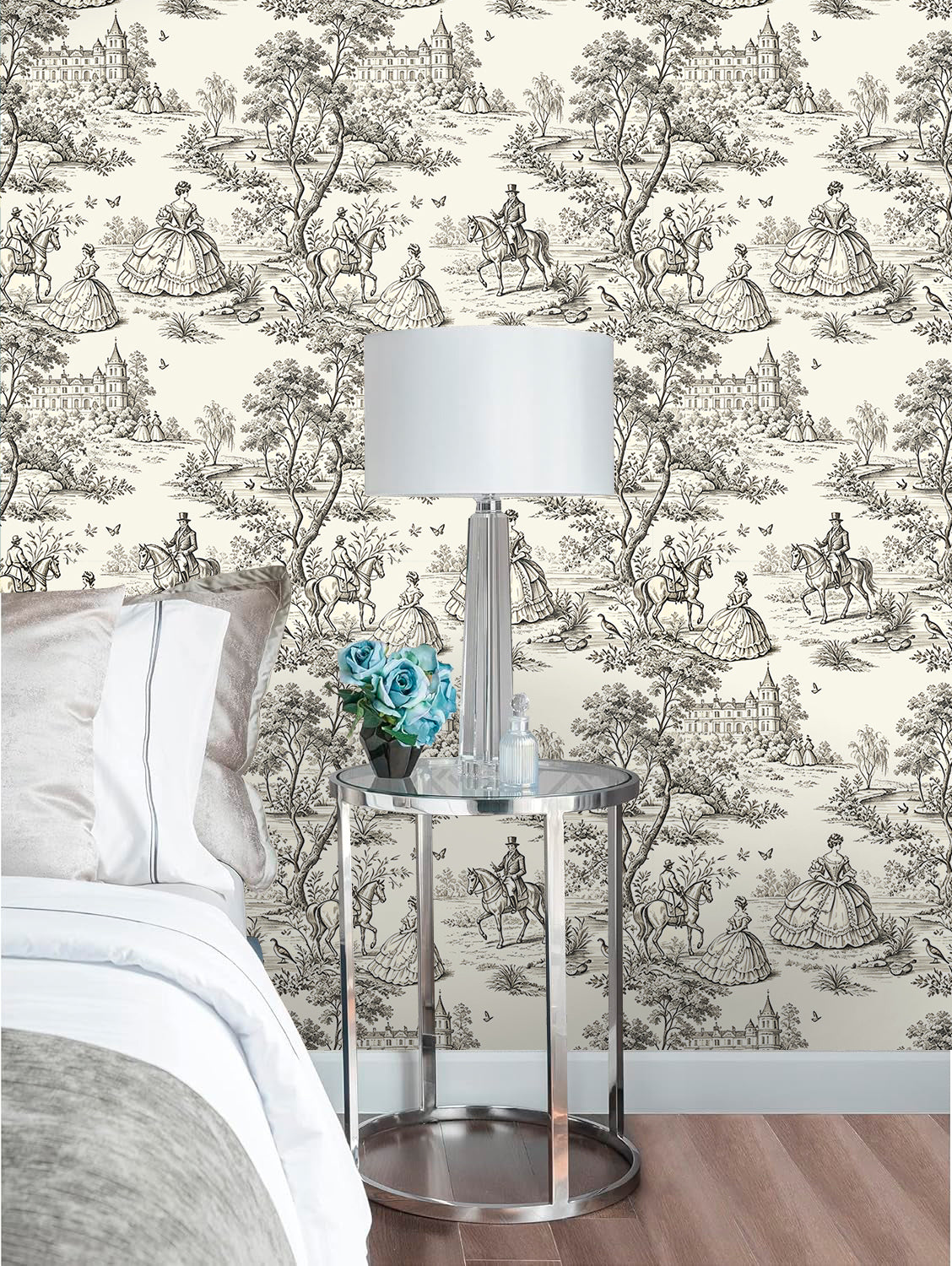HaokHome Soft Tone Toile de Jouy Peel and Stick Wallpaper, Beige & Off-White French Vintage Scenic Removable Self Adhesive Wallpaper