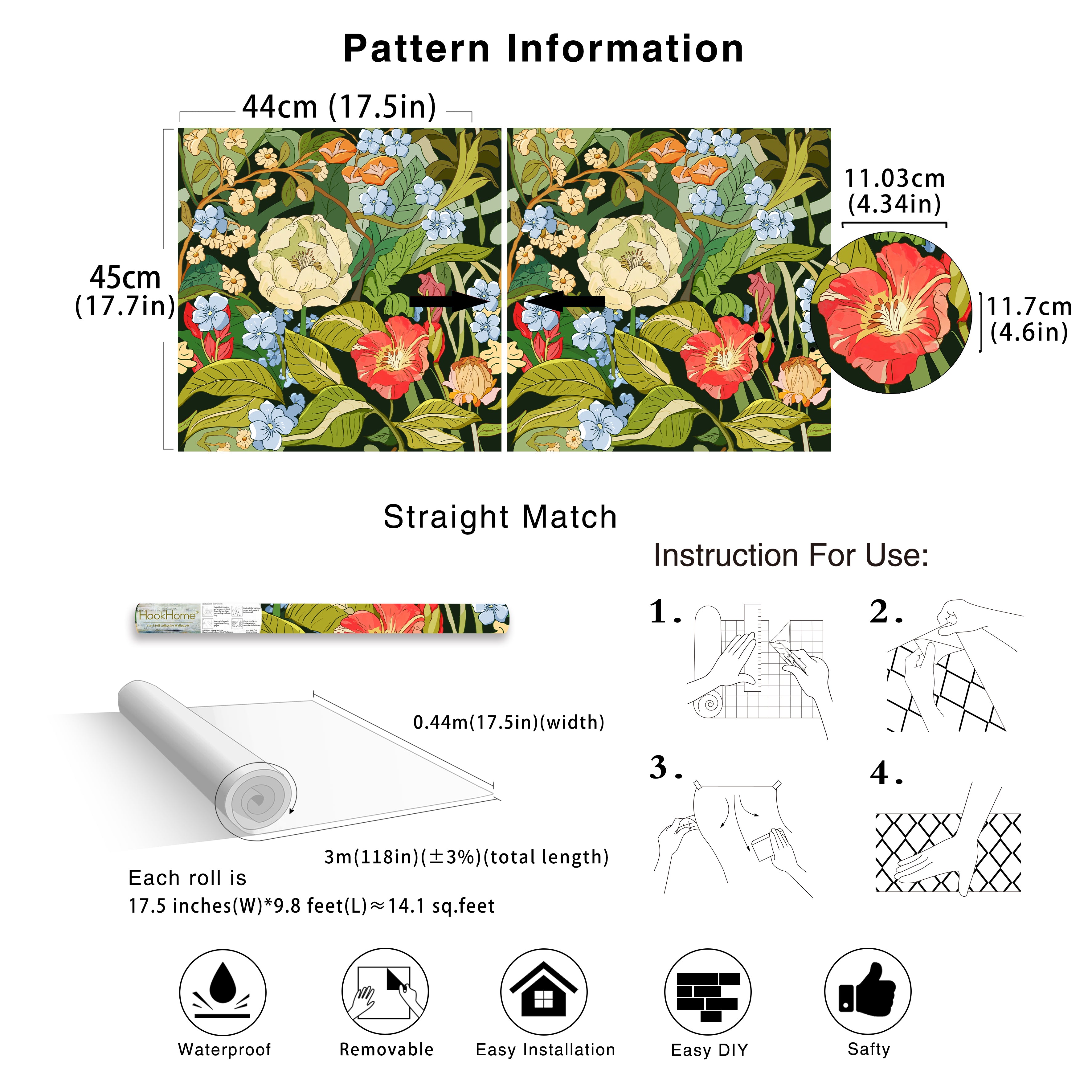 HaokHome Moody Dark Botanical Peel and Stick Wallpaper, Lush Vintage Floral Removable Self Adhesive Wallpaper with Vibrant Wildflower Blooms