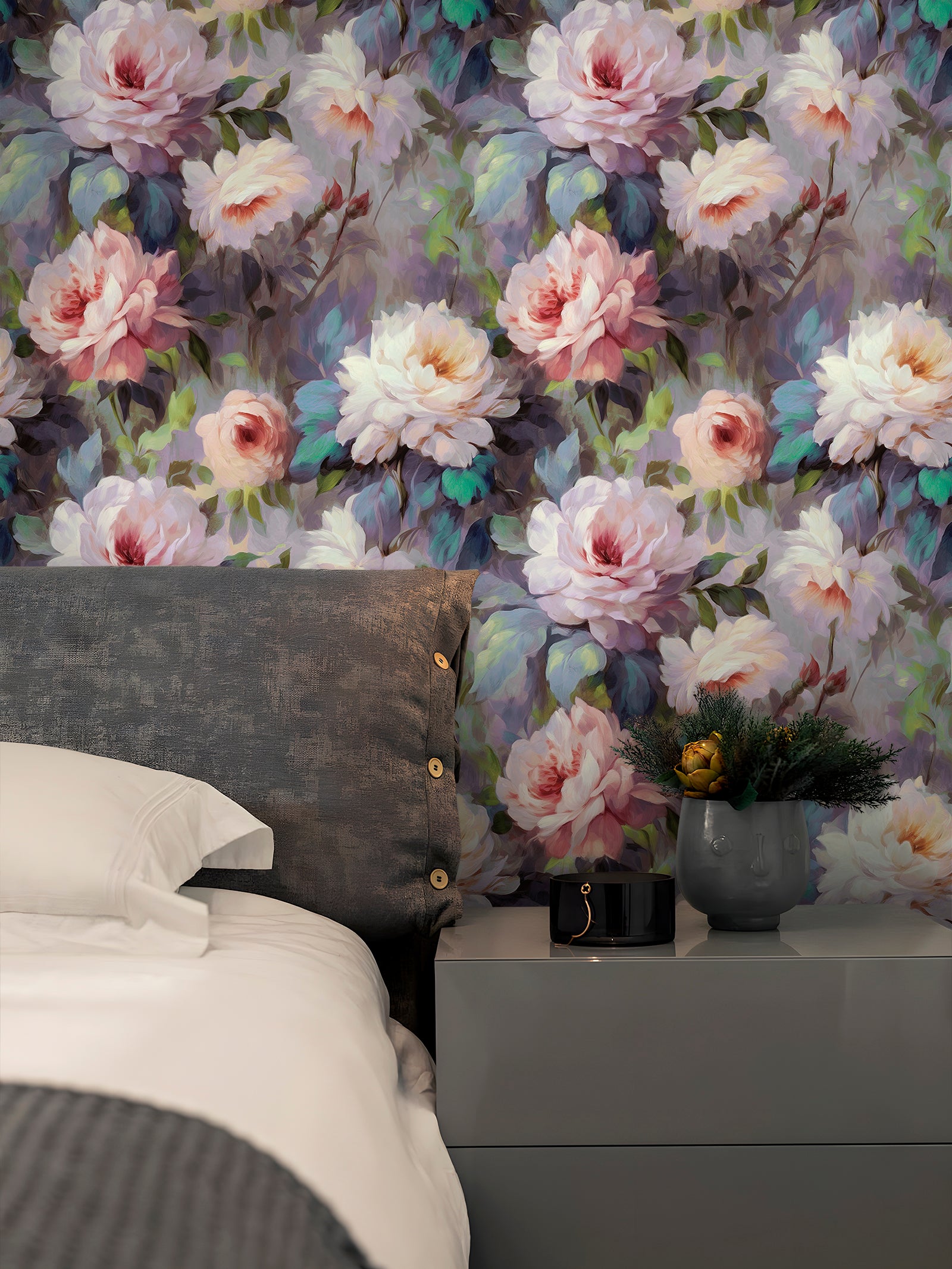 HaokHome Peel and Stick Wallpaper Vintage Oil Painting Peony Floral Style, Soft Pastel Muted Tone Removable Self Adhesive Wallpaper for Bedroom & Living Room