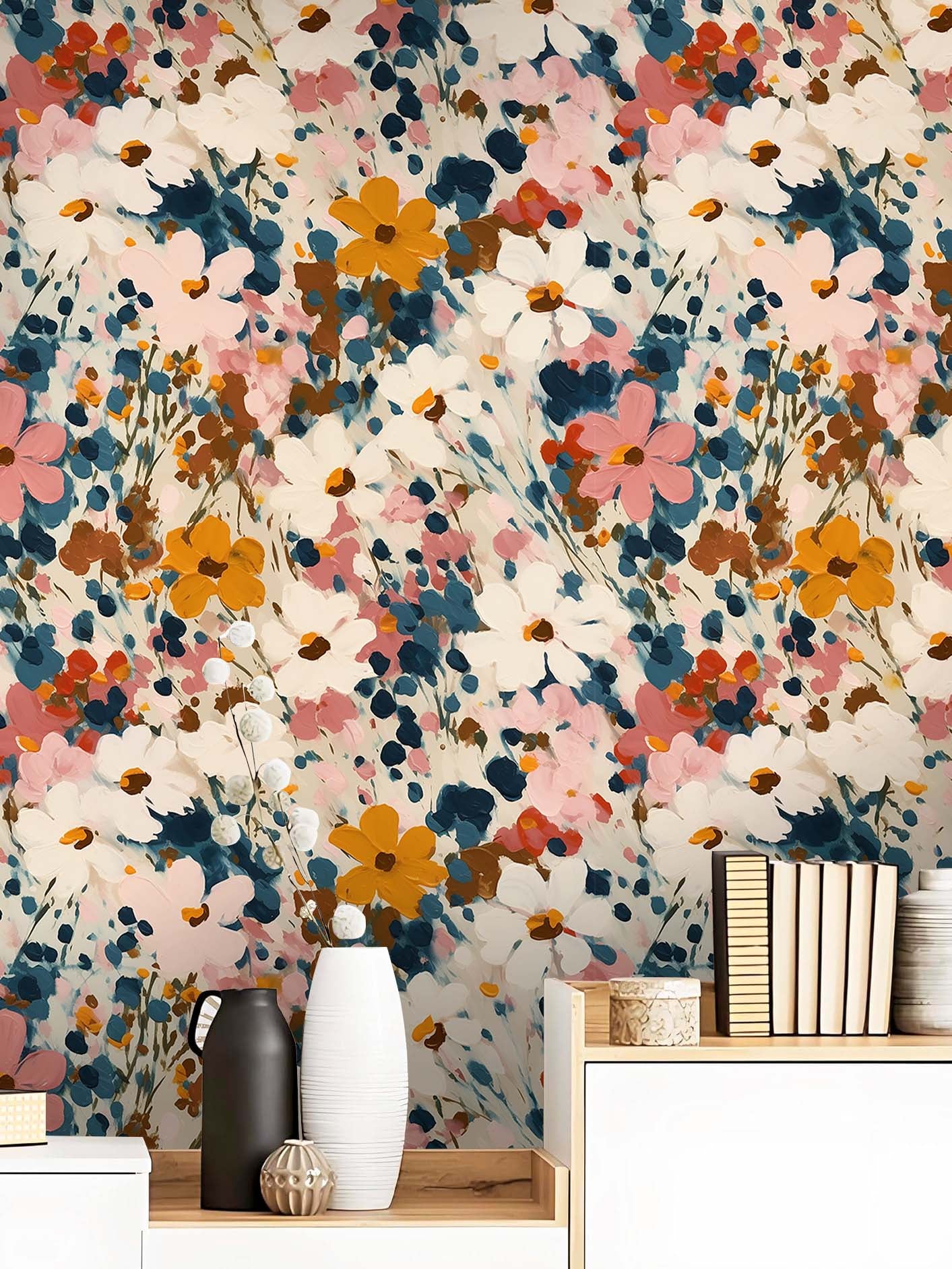 HaokHome Peel and Stick Wallpaper Abstract Oil Painting Colorful Wildflower Wall Mural Removable Self Adhesive Boho Art Floral Wallpaper