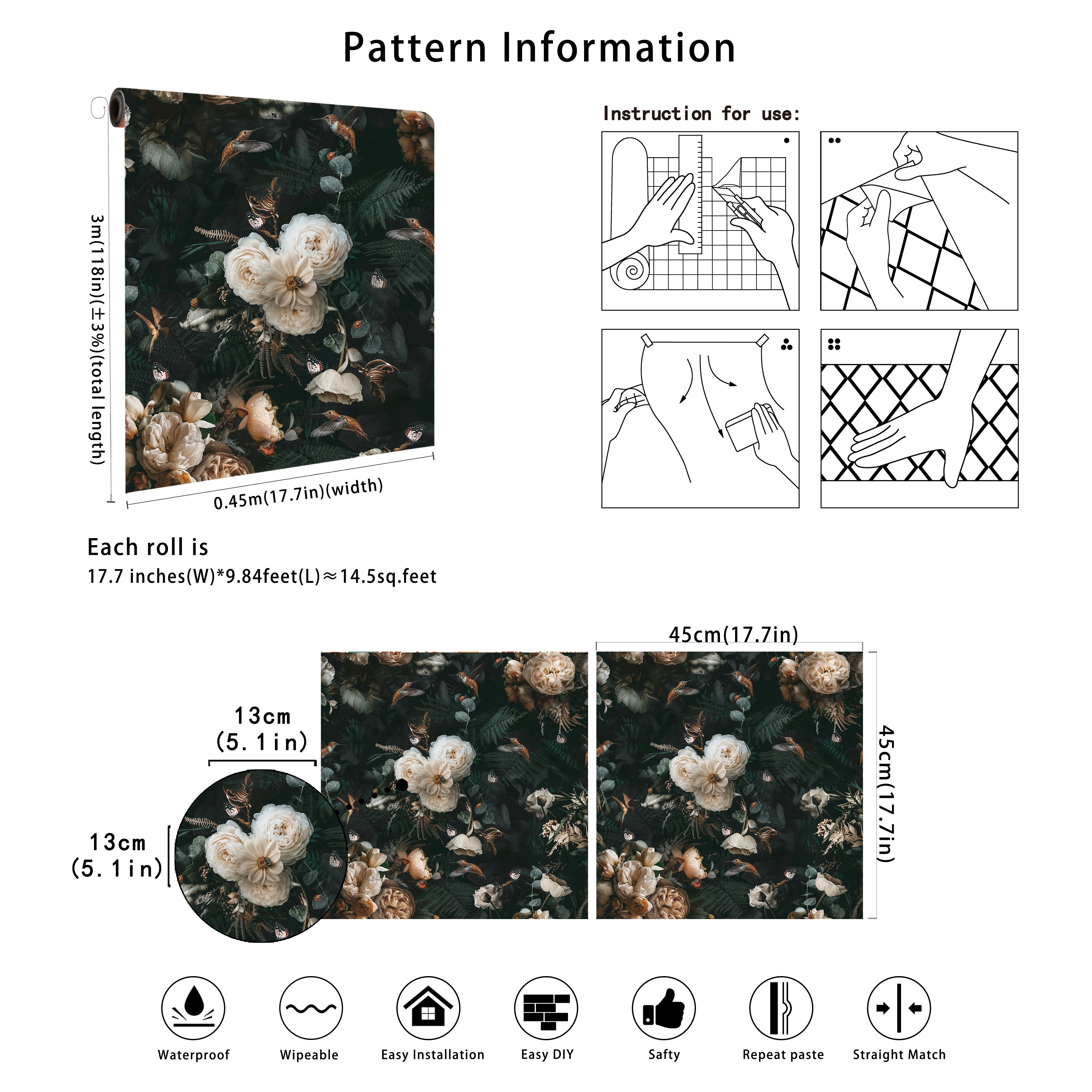 HaokHome PHaokHome Dark Moody Botanical Removable Self‑Adhesive Wall Covering, Vintage Peony Hummingbird Butterfly Peel and Stick Wallpapereel and Stick Boho Wallpaper Removable Vintage Black Floral Contact Paper for Cabinet Accent Wall