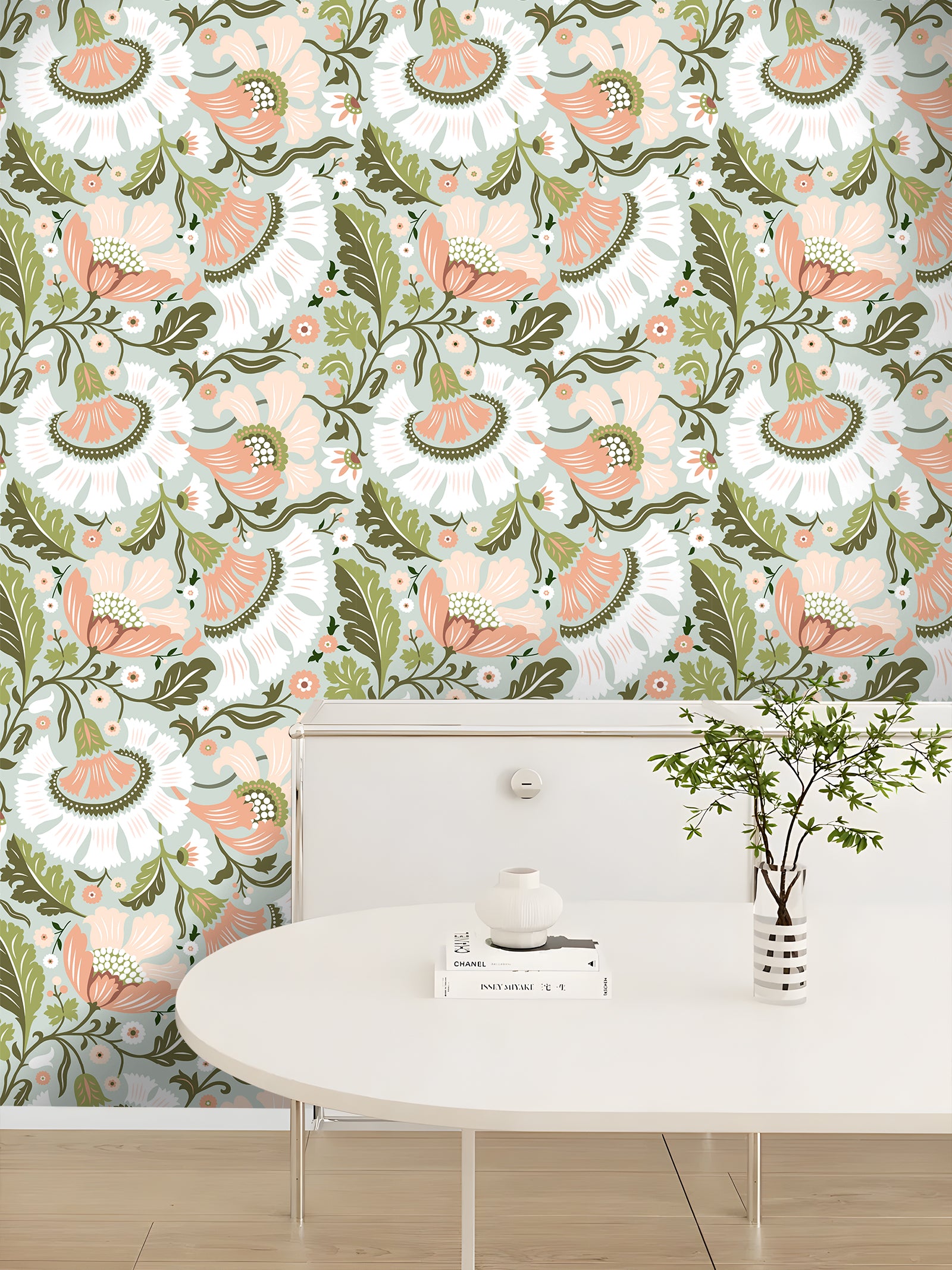 HaokHome Soft Folk Floral Peel and Stick Wallpaper, Mint Green & Blush Pink Removable Wallpaper for Nursery