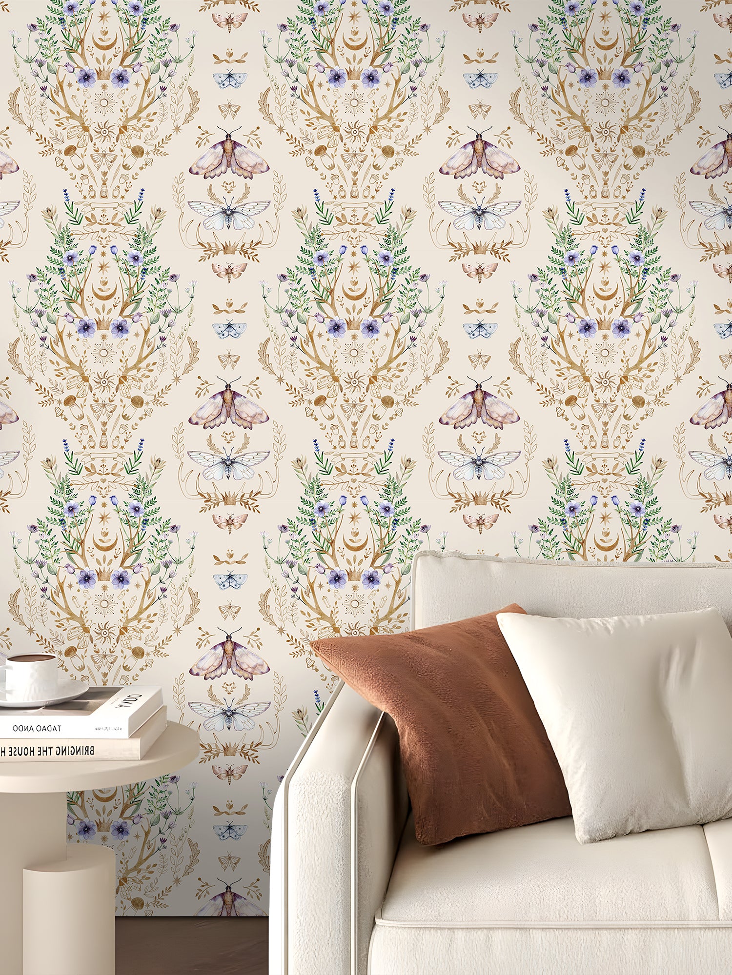 HaokHome Wallpaper Peel and Stick Boho Deer Antler Floral Moth Beige/Gold Wall Decor Removable Mural for Bedroom & Living Room