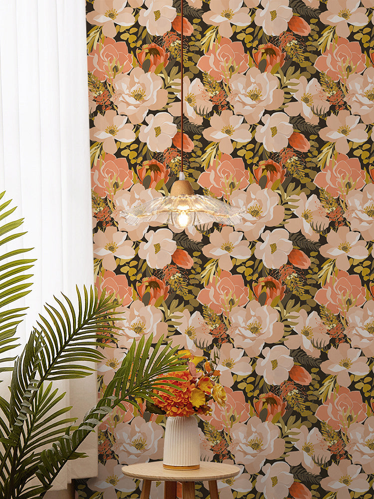 HaokHome Moody Dark Floral Peel and Stick Wallpaper, Blush Pink & Coral Protea Removable Wallpaper for Accent Wall