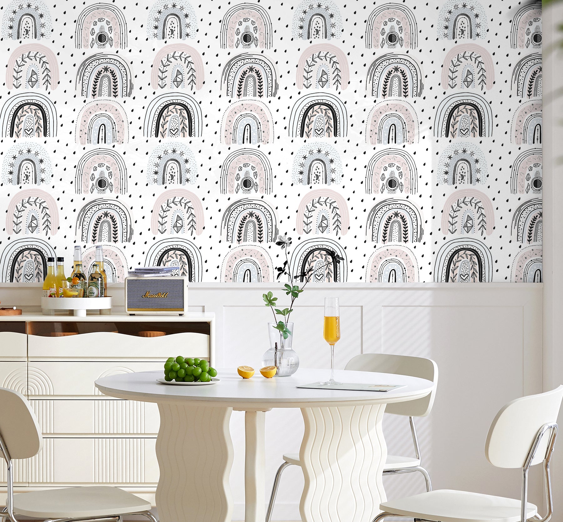 HaokHome Peel and Stick Wallpaper Hand Drawn Nordic Rainbow Boho Starry Crystal Plant Removable Wall Decor for Kids Bedroom