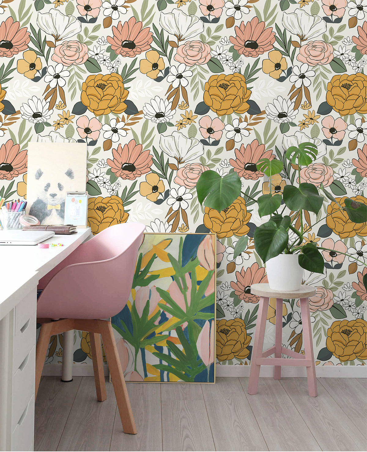 HaokHome Vintage Floral Peel and Stick Wallpaper Removable Daisy Leaf Contact Wallpaper