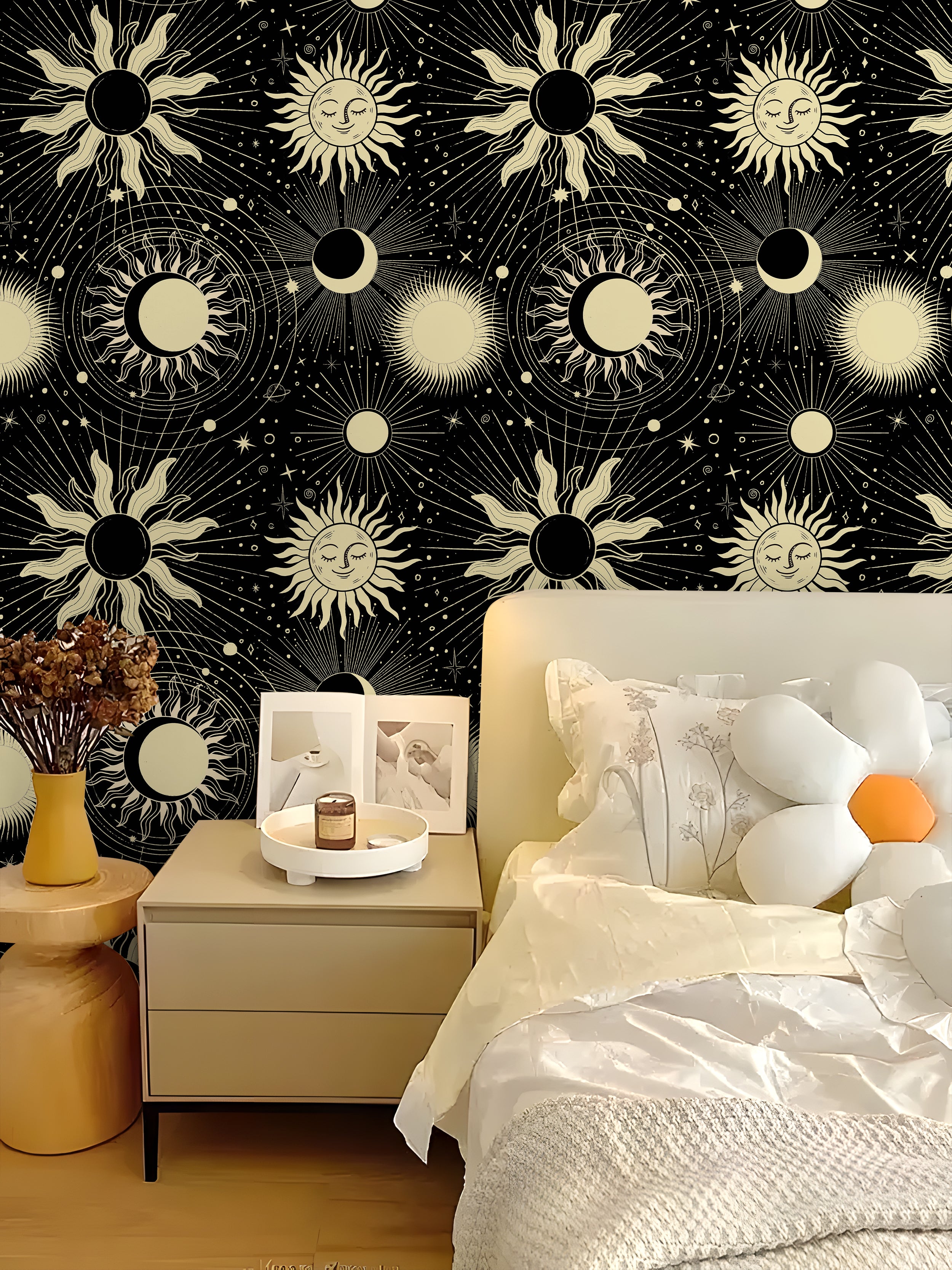 HaokHome Sun and Moon Peel and Stick Wallpaper, Mystical Celestial Removable Self Adhesive Wallpaper for Bedroom & Living Room