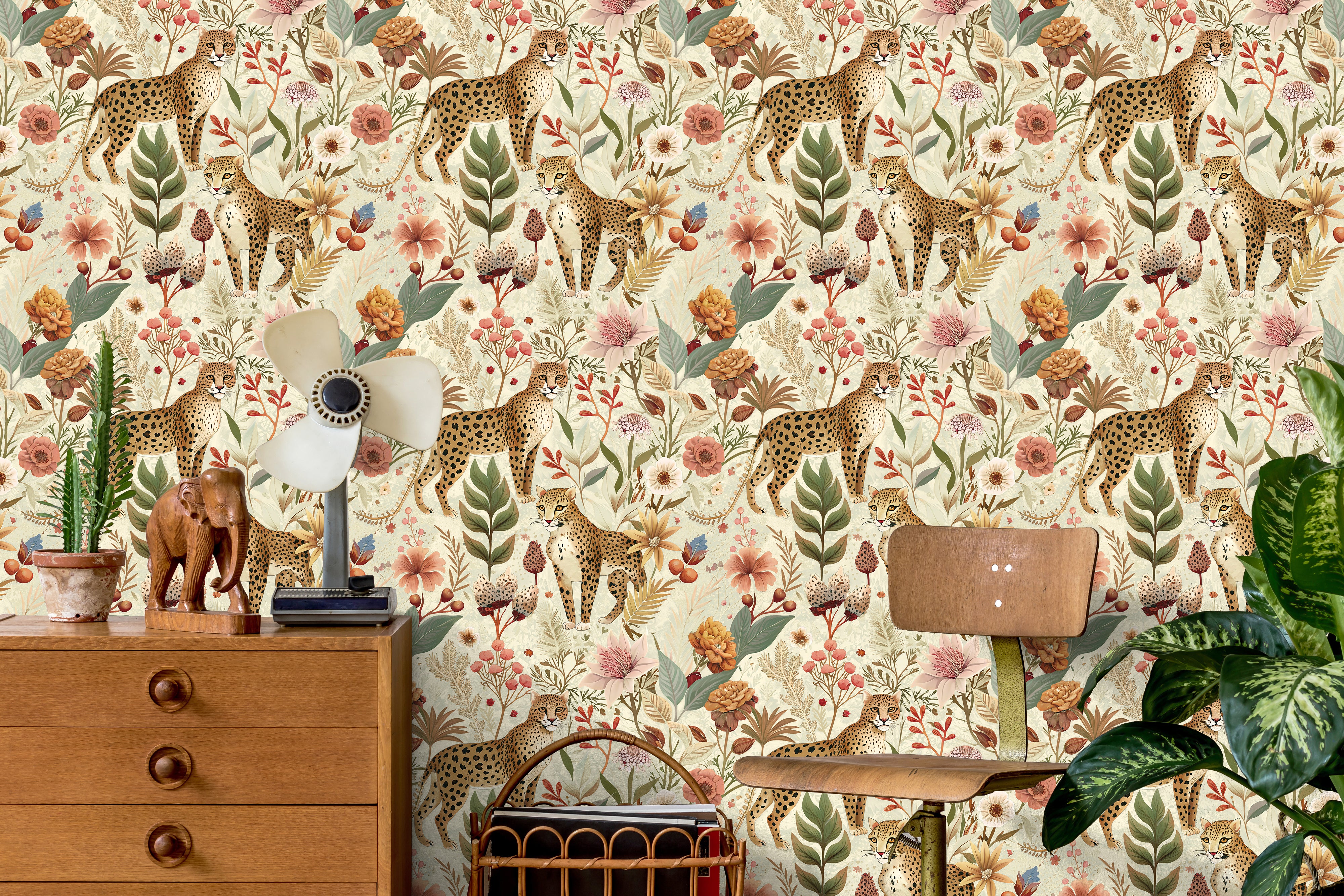 HaokHome Vintage Leopard Floral Removable Self‑Adhesive Wall Covering, Wild Jungle Botanical Peel and Stick Wallpaper