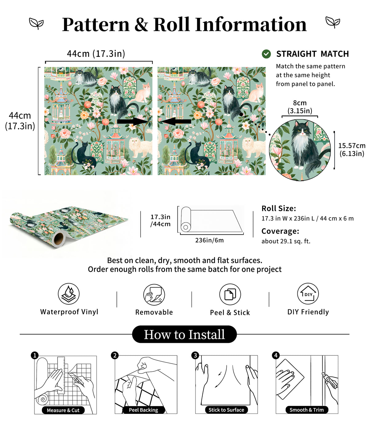 HaokHome cat floral wallpaper roll size and pattern specification information chart