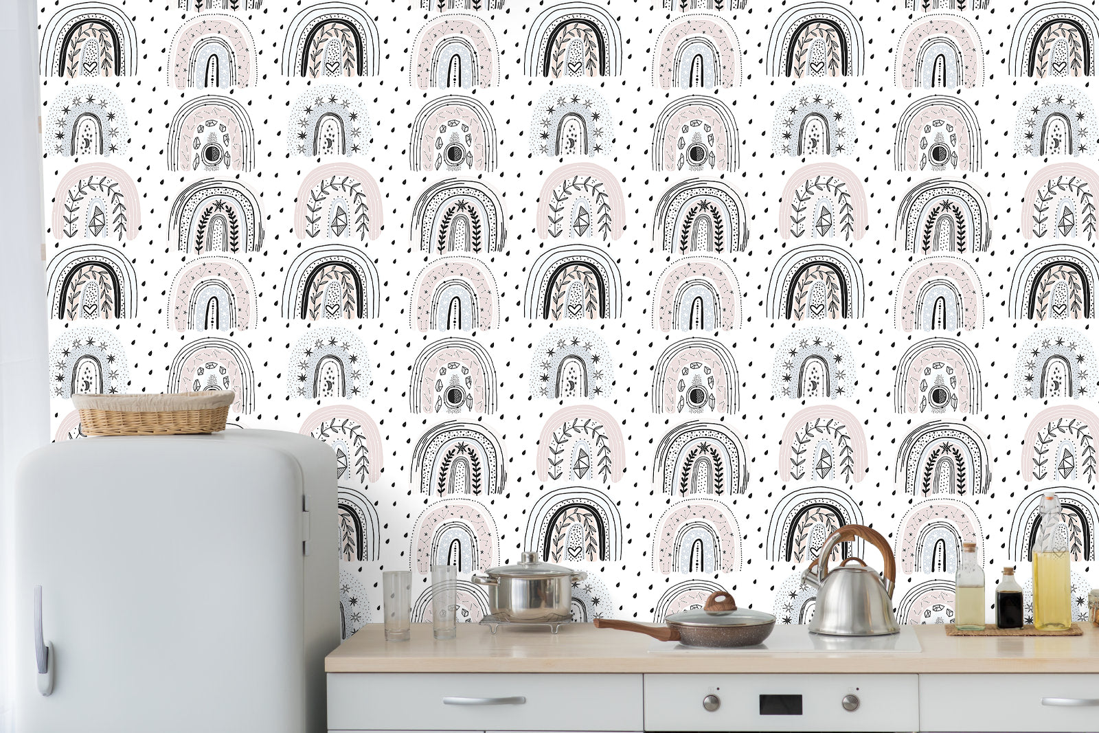 HaokHome Peel and Stick Wallpaper Hand Drawn Nordic Rainbow Boho Starry Crystal Plant Removable Wall Decor for Kids Bedroom