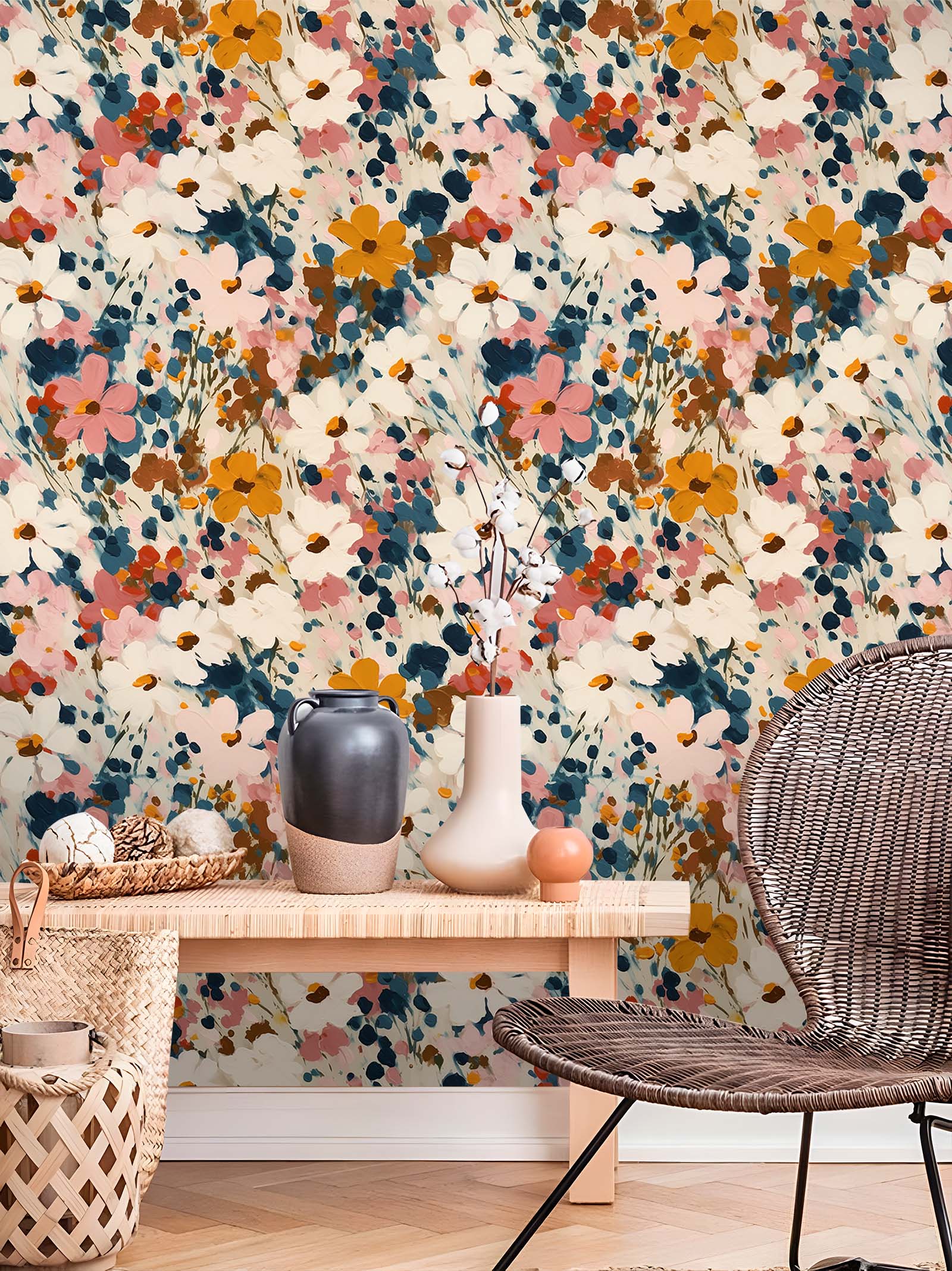 HaokHome Peel and Stick Wallpaper Abstract Oil Painting Colorful Wildflower Wall Mural Removable Self Adhesive Boho Art Floral Wallpaper