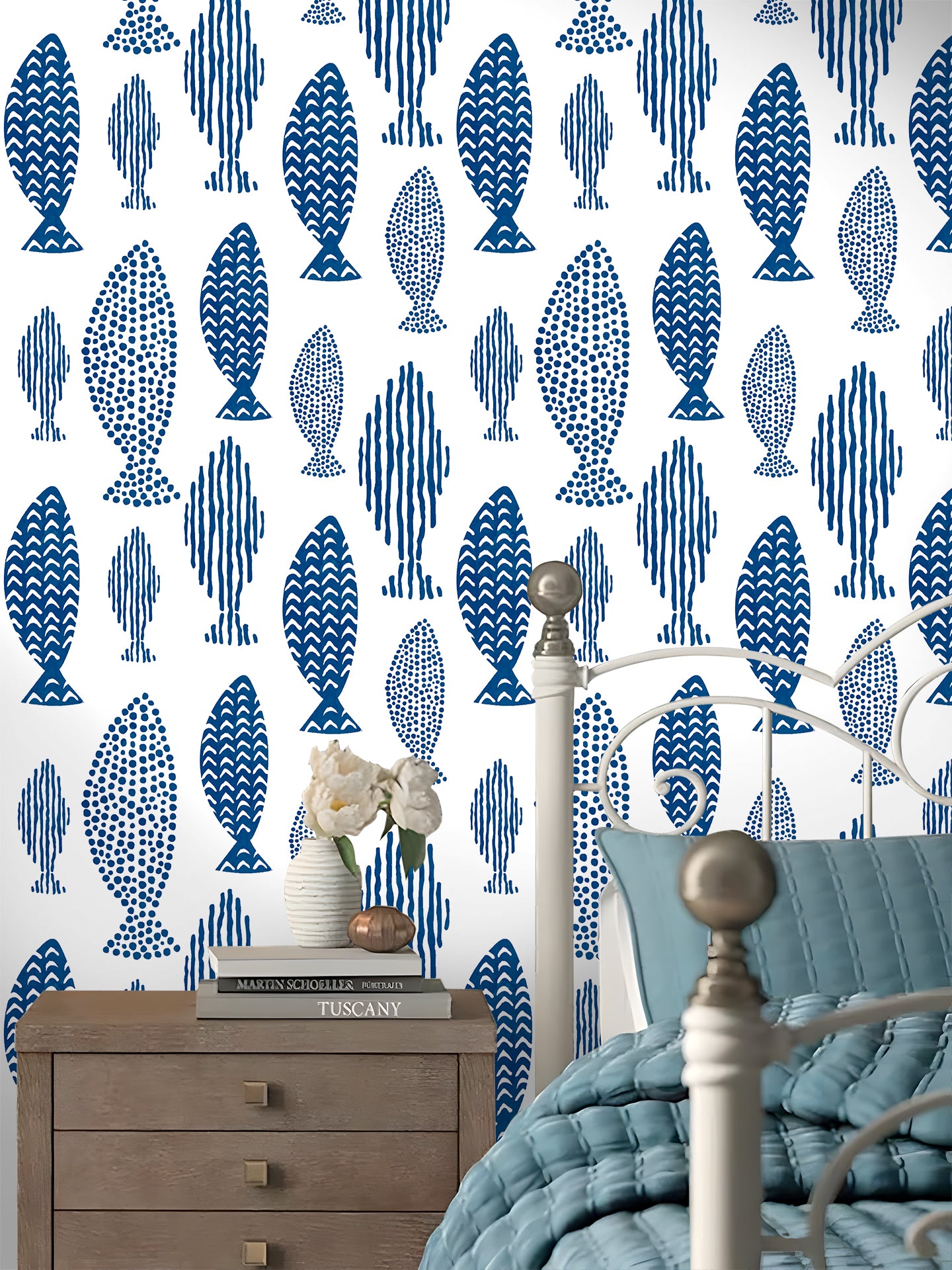 HaokHome Waterproof Wallpaper Peel and Stick Abstract Geometry Blue Fish Trellis Indigo Removable Contact Paper for Bathroom Kids Room Wall Decoration