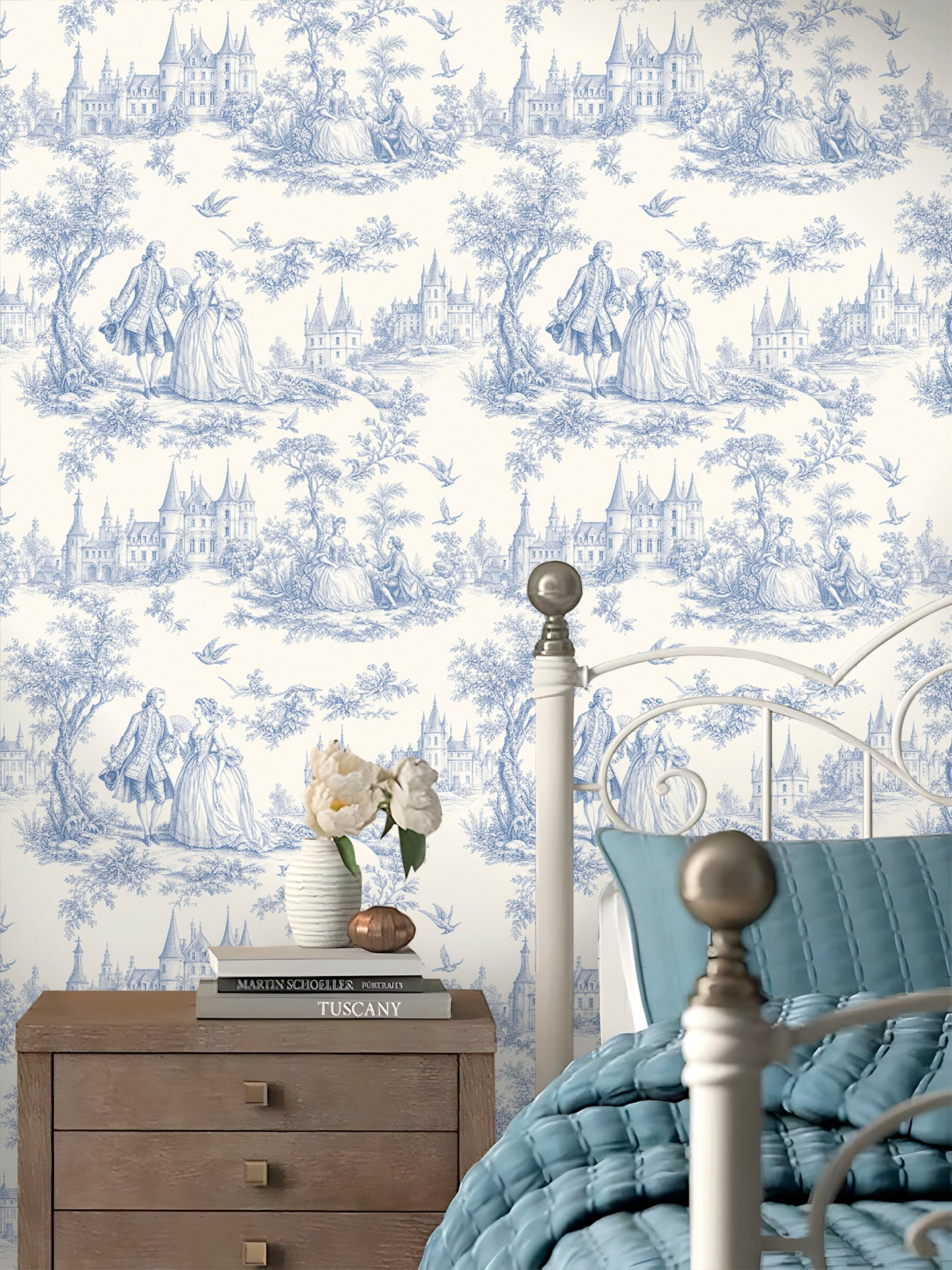 Blue Toile de Jouy Vintage Castle Wallpaper