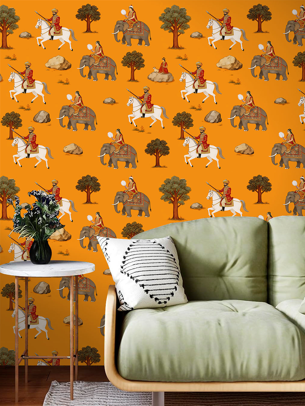 HaokHome Peel and Stick Wallpaper Vintage Indian Mughal Court Style with Horse and Elephant Figures Exotic Ethnic Botanical Removable Self Adhesive Wallpaper for Living Room & Bedroom