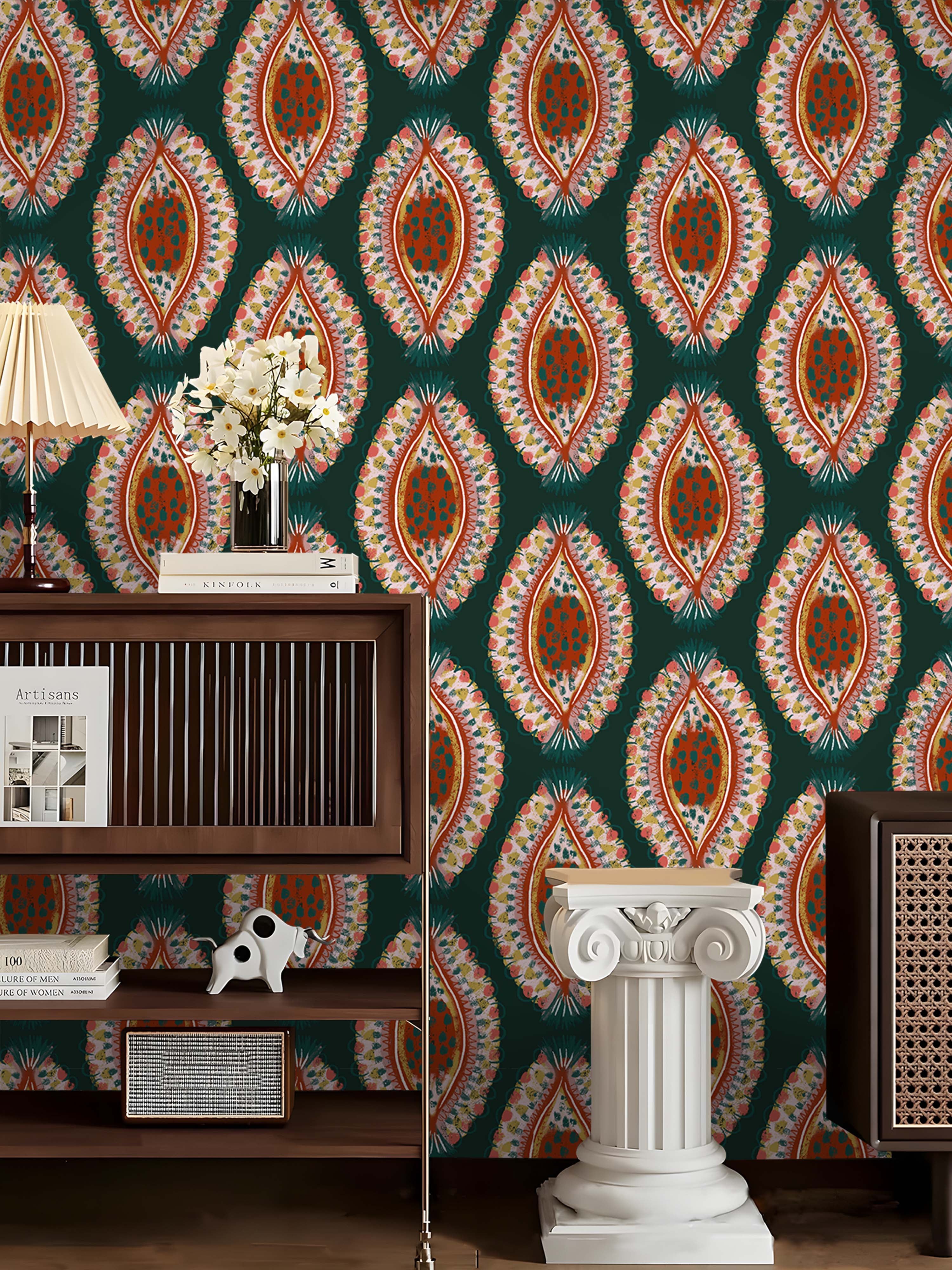 HaokHome Boho Luxe Wallpaper – Hand-Painted Petal Motif in Deep Forest Green