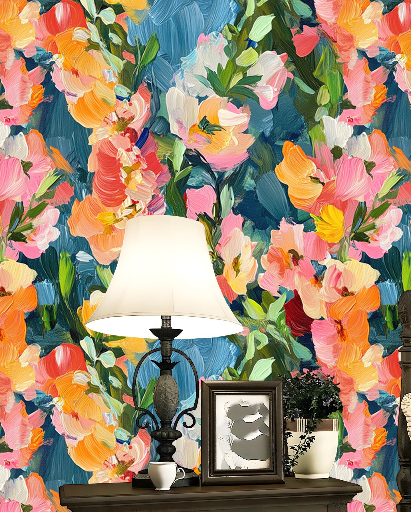HaokHome Vibrant Abstract Floral Wallpaper Bold Brushstroke Flowers in Pink, Orange, and Yellow on Blue Background