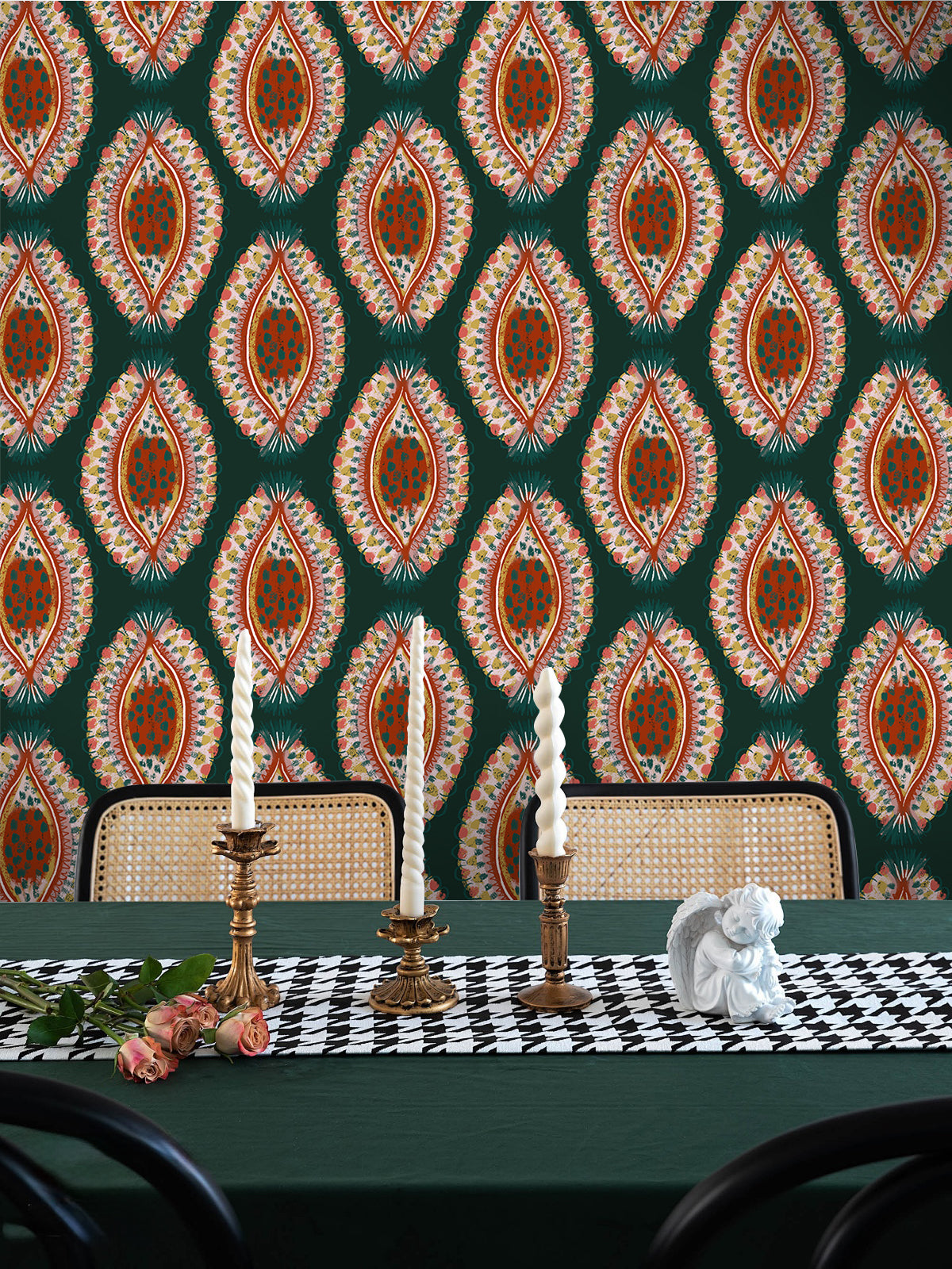 HaokHome Boho Luxe Wallpaper – Hand-Painted Petal Motif in Deep Forest Green