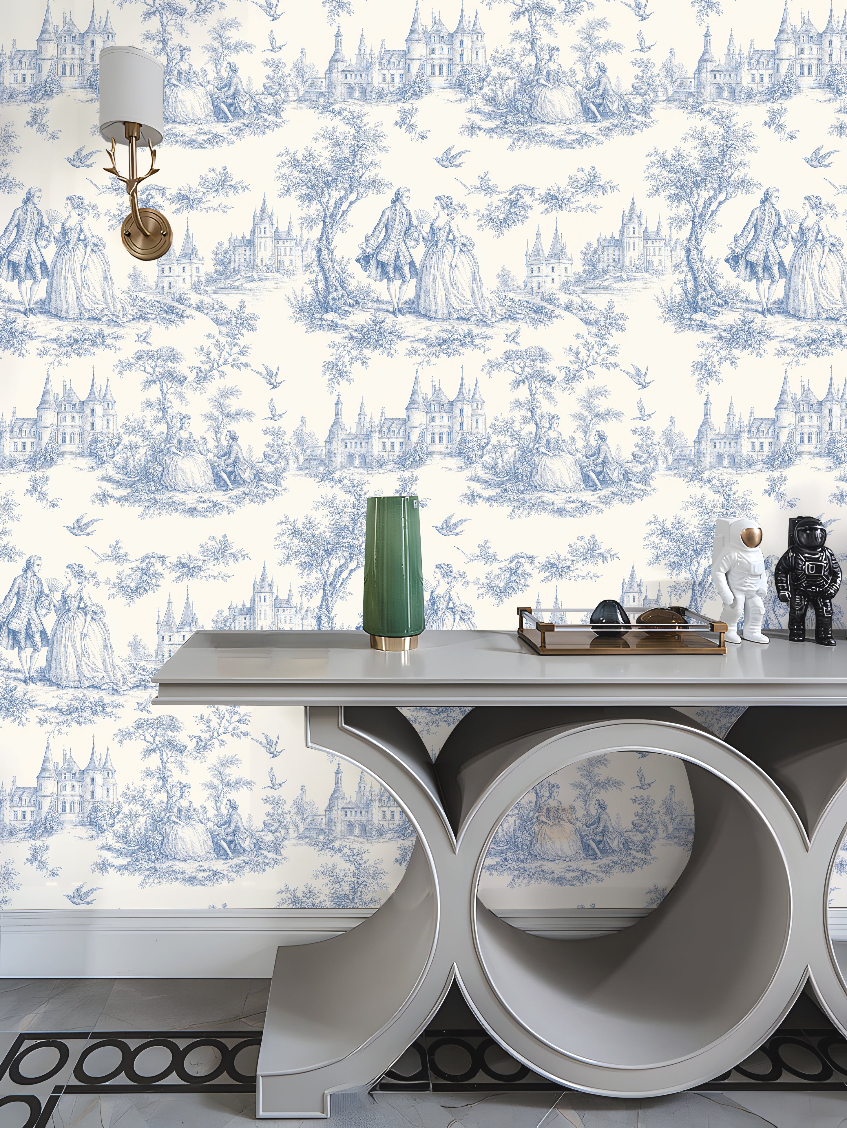 Blue Toile de Jouy Vintage Castle Wallpaper