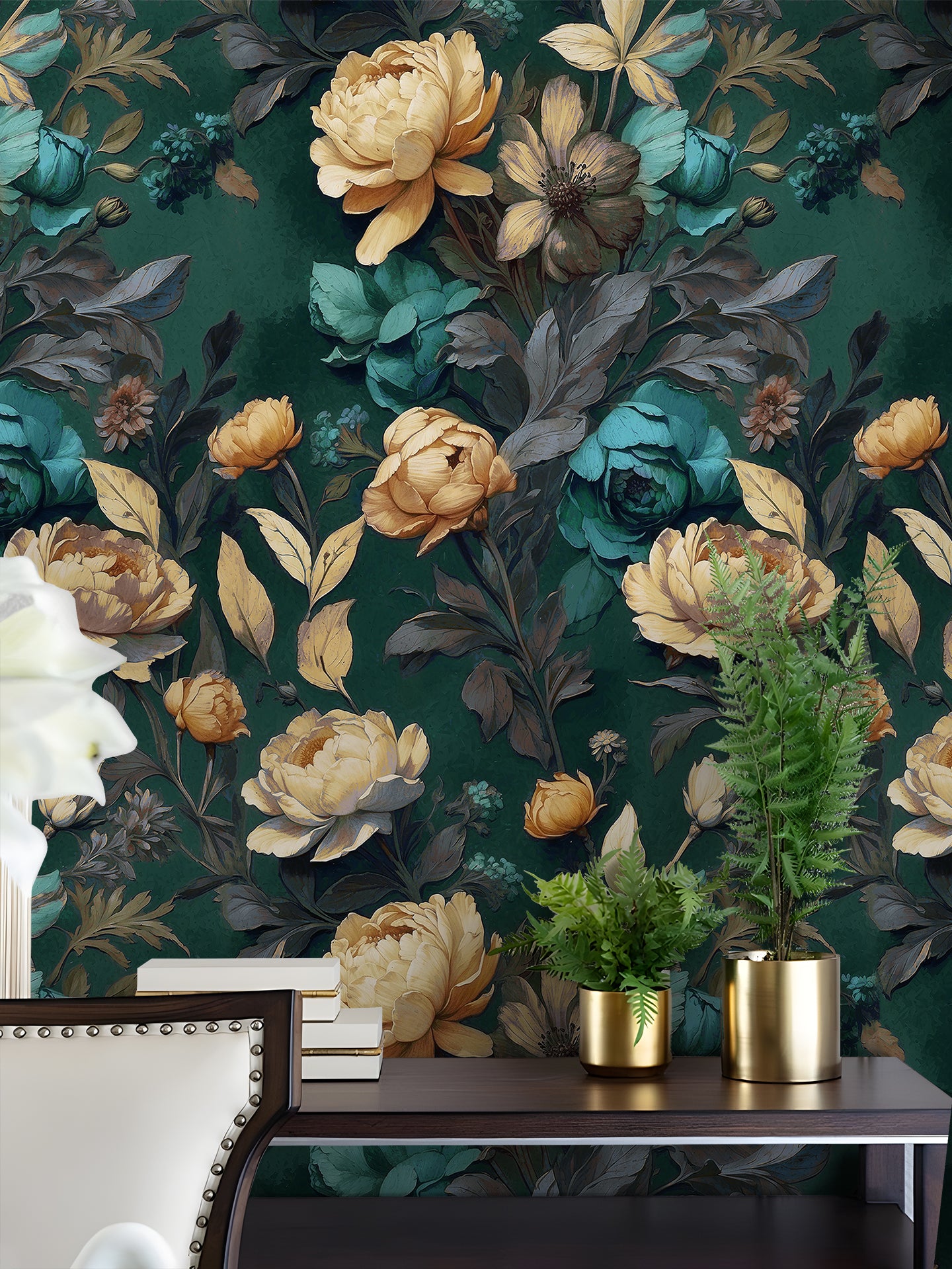 HaokHome vintage Floral Wallpaper Golden Peonies Teal Roses on Deep Green for Classic Elegant Interiors