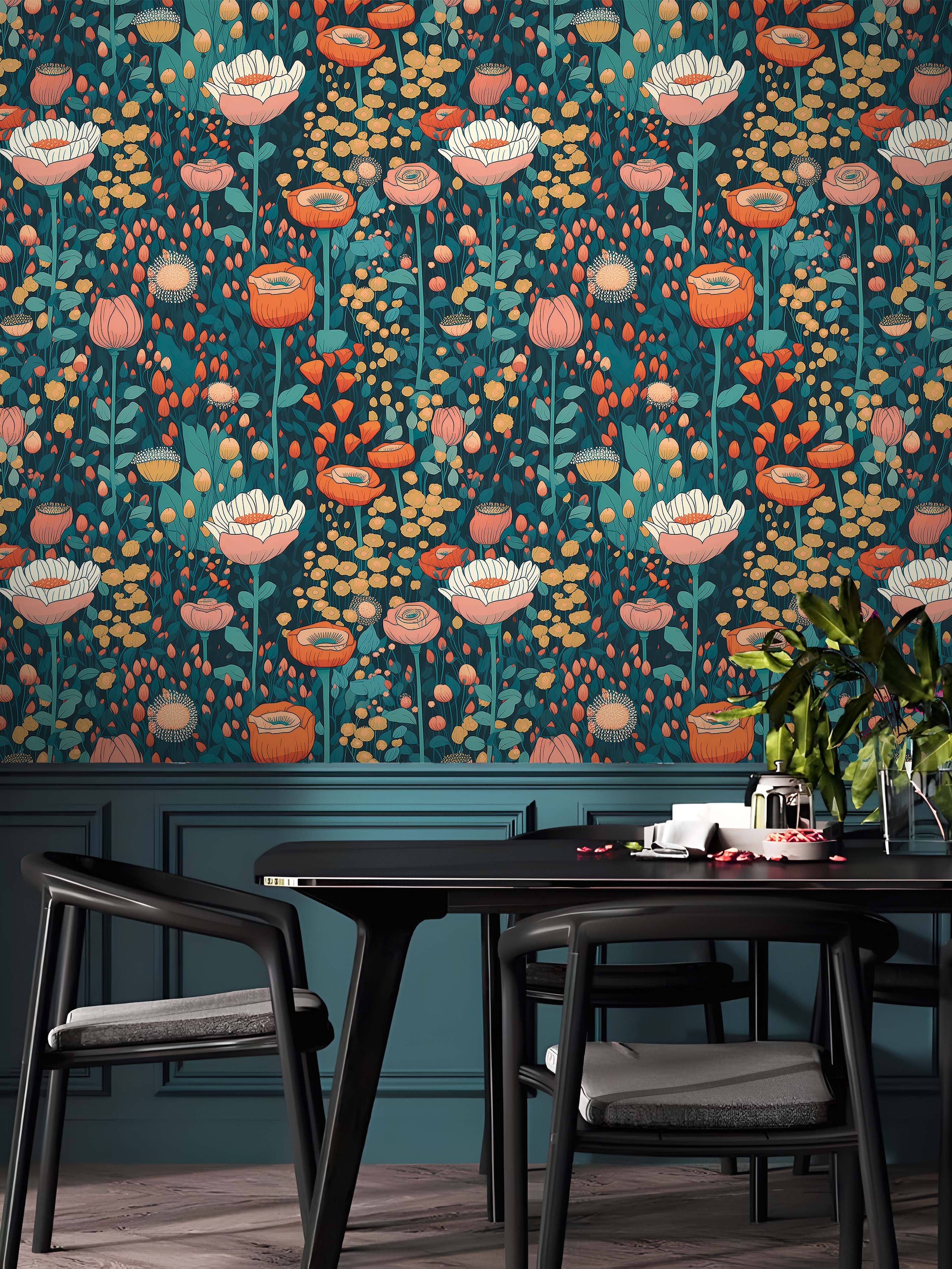 HaokHome Wallpaper Peel and Stick Large Floral Green/Red/Pink Botanical Wall Decor Removable Mural
