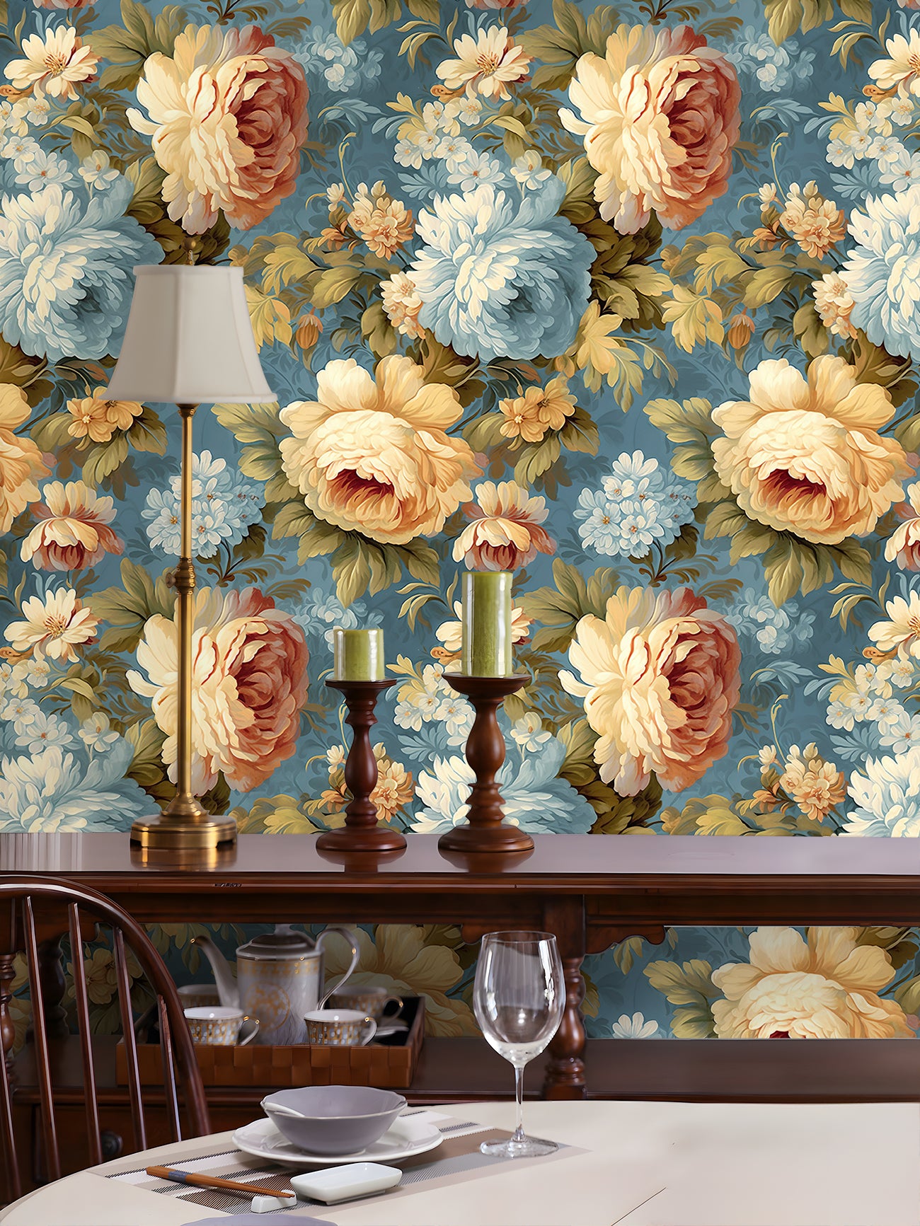 HaokHome Wallpaper Peel and Stick Floral Vintage Blue/Gold/White Classic Wall Decor Living Room Removable Mural