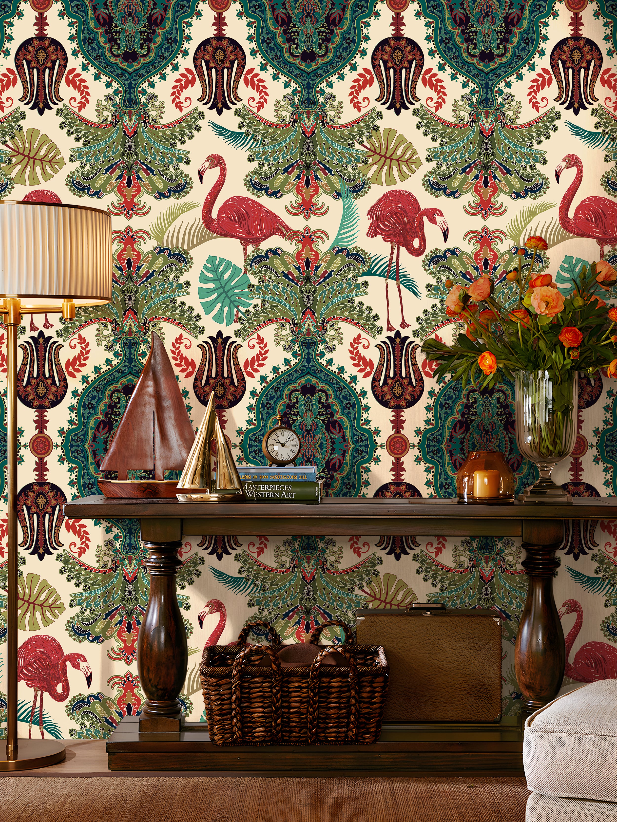 HaokHome Peel and Stick Wallpaper Boho Tropical Flamingo and Leaf Pattern Vintage Baroque Wall Mural Removable Vinyl Self Adhesive Wallpaper for Living Room Bedroom Accent Wall