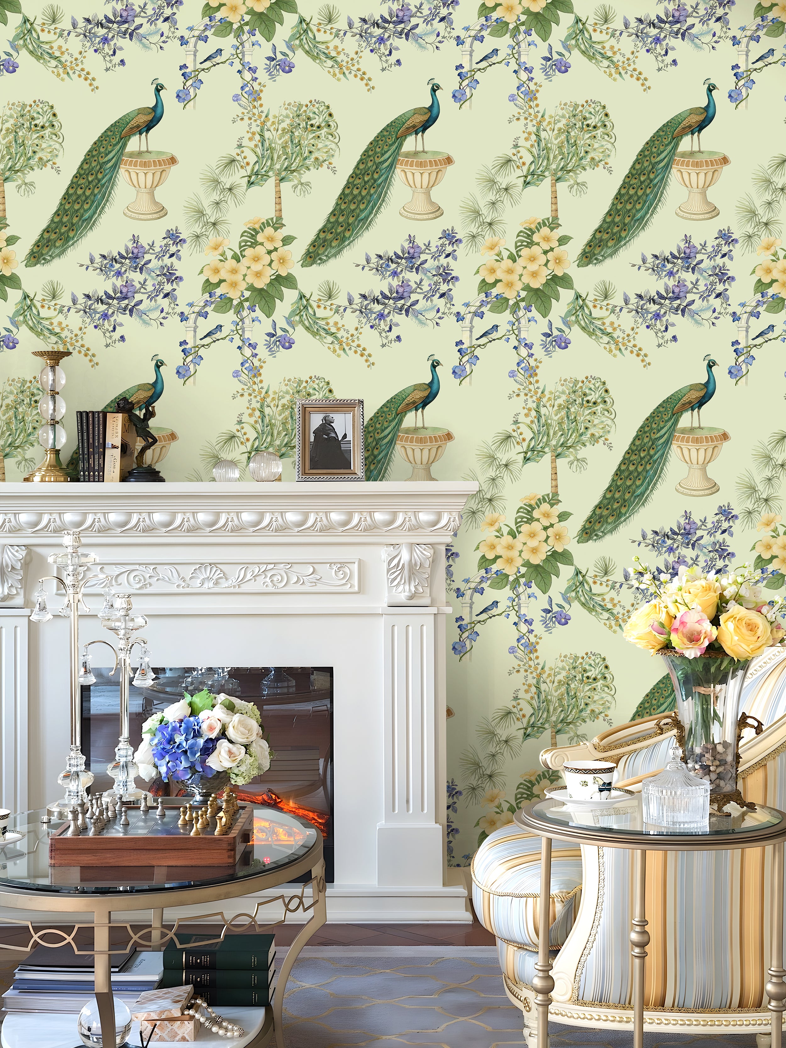 HaokHome Peacock Floral Watercolor Wallpaper, Vintage Botanical Peel and Stick Wallpaper, Removable Wall Mural for Bedroom and Living Room