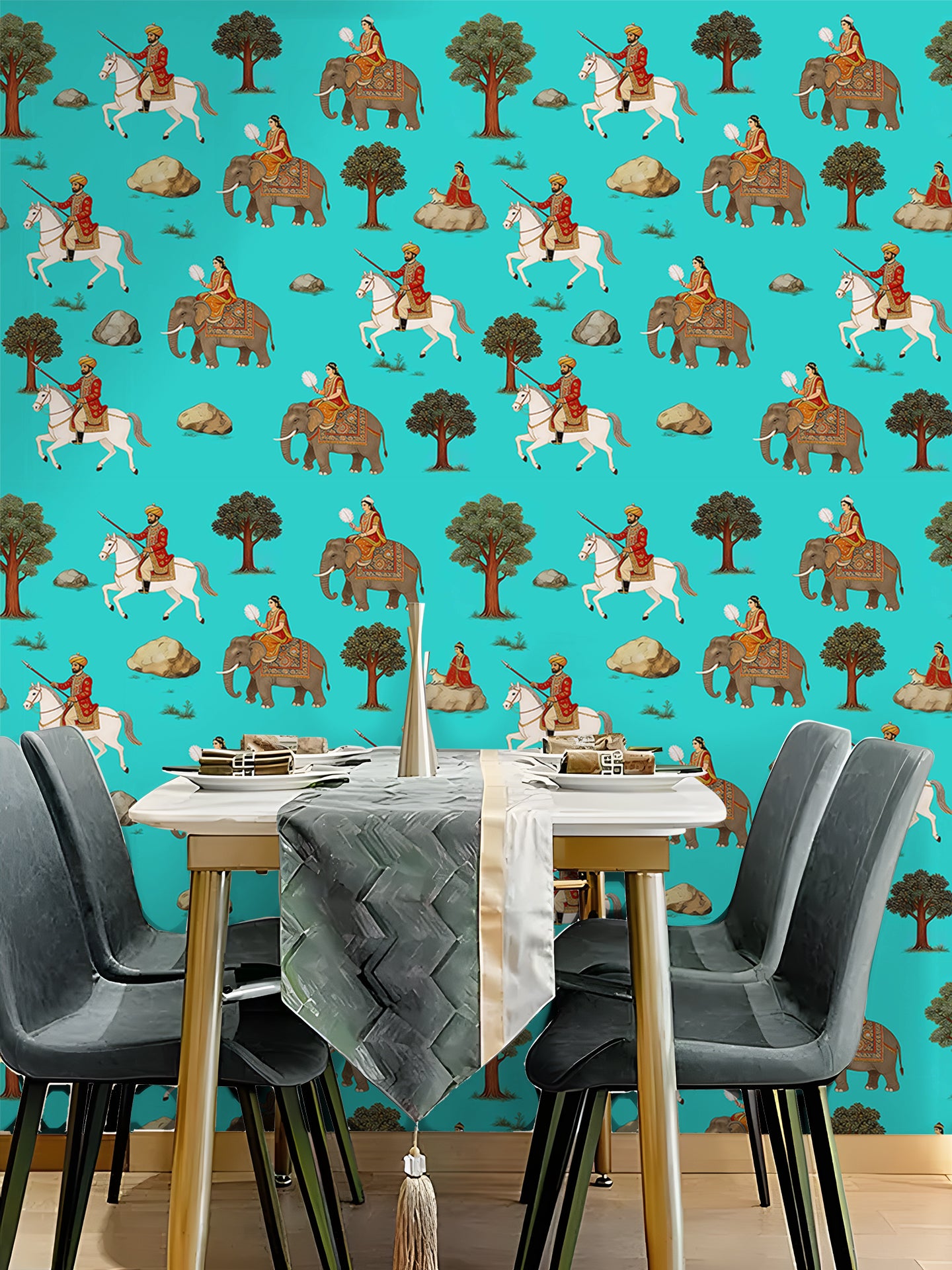 HaokHome Peel and Stick Wallpaper Vintage Indian Mughal Court Style with Horse and Elephant Figures Exotic Ethnic Botanical Removable Self Adhesive Wallpaper for Living Room & Bedroom