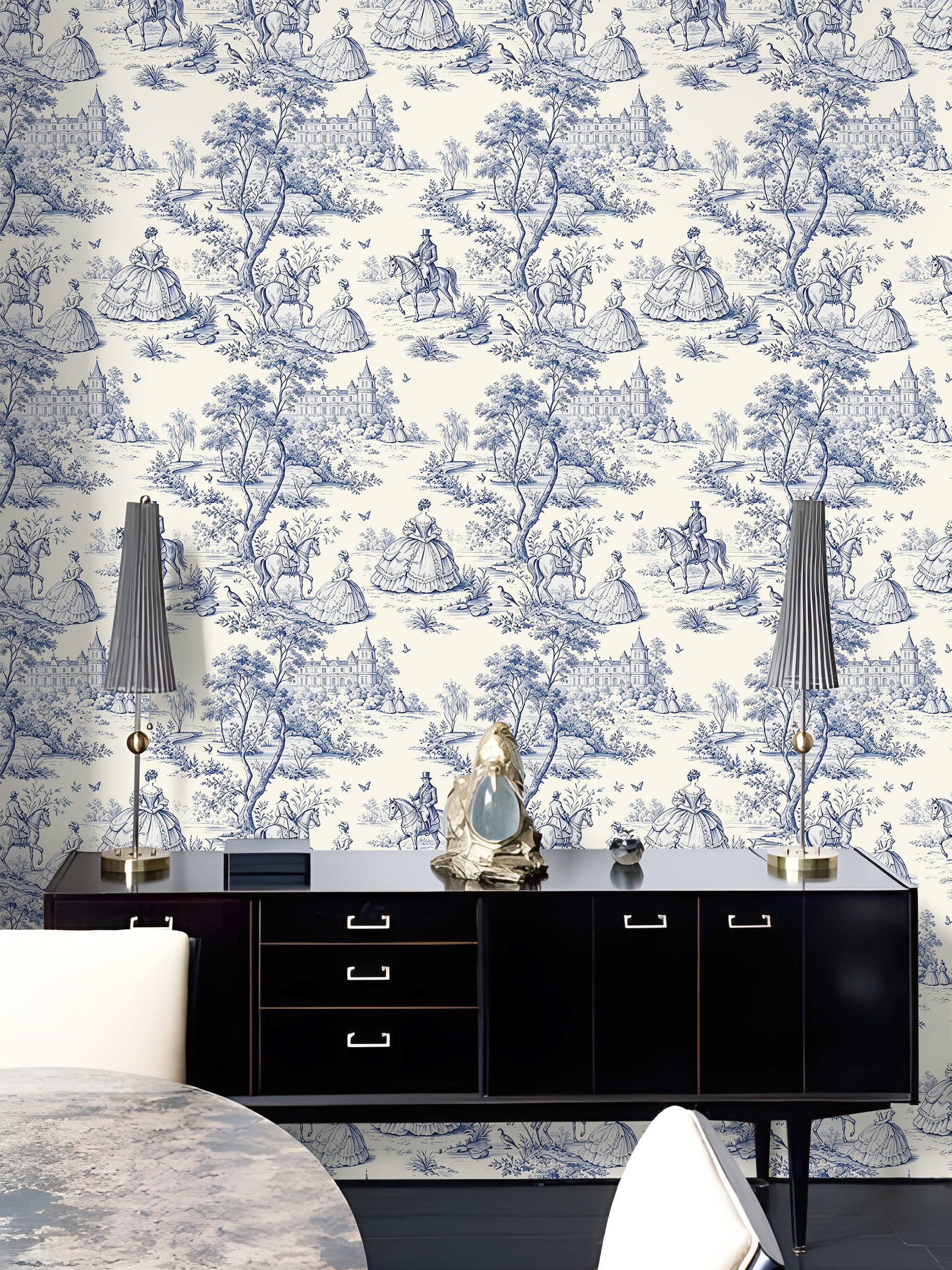 HaokHome Classic Toile de Jouy Peel and Stick Wallpaper, Blue & White French Countryside Scenic Removable Self Adhesive Wallpaper