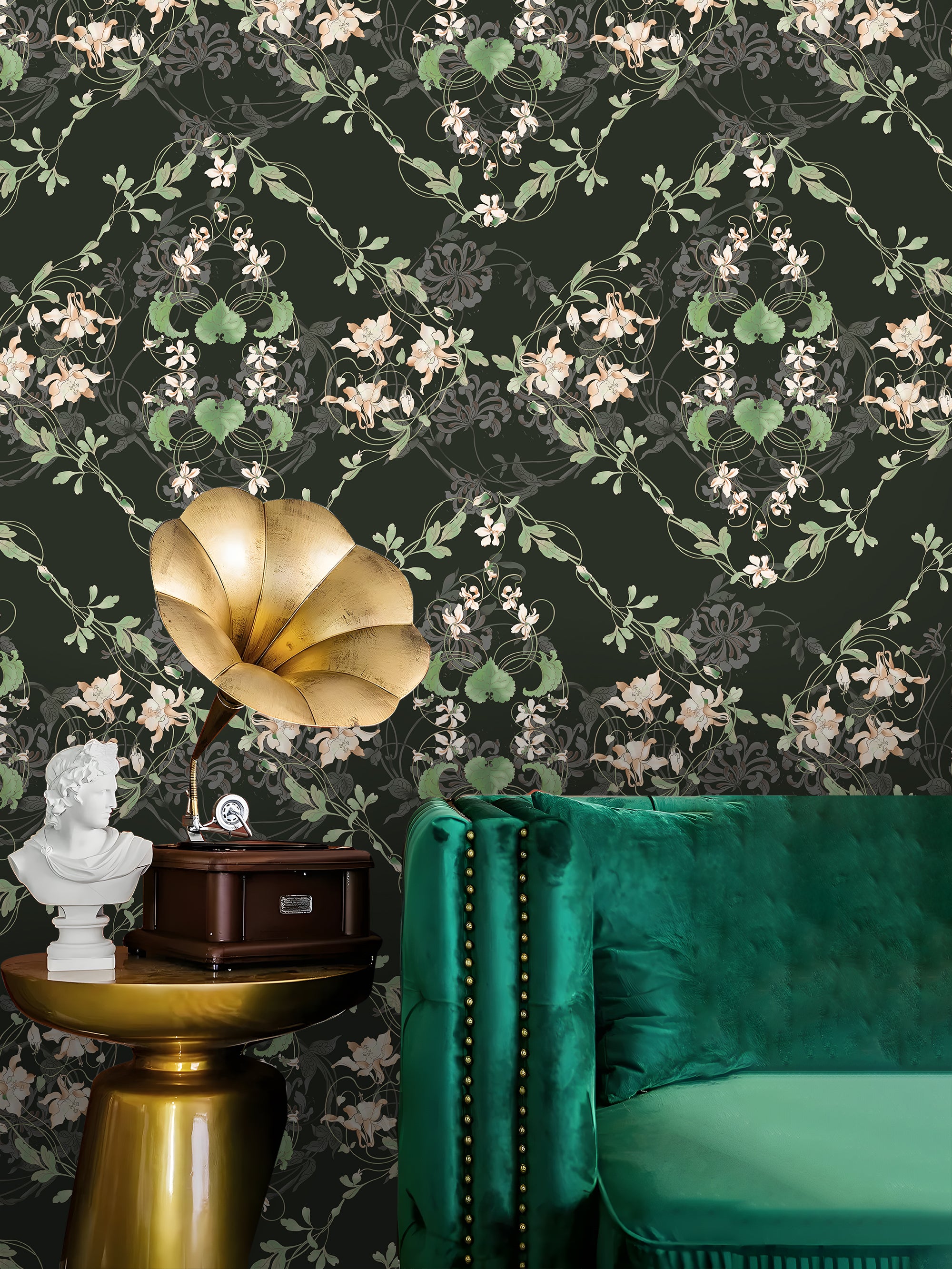 HaokHome Moody Green Floral Peel and Stick Wallpaper, Vintage Dark Academia Removable Self Adhesive Wallpaper for Bedroom & Living Room