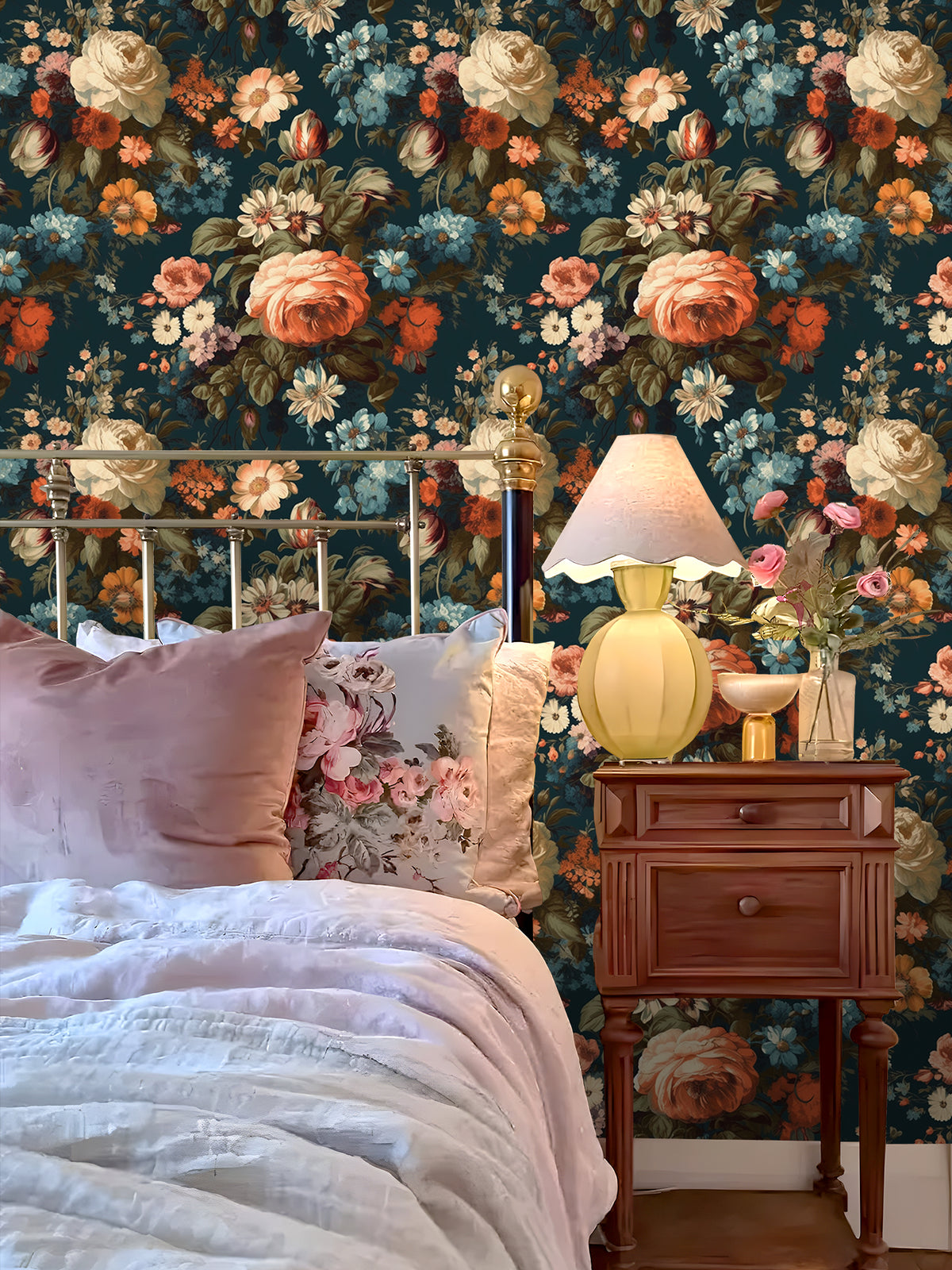 HaokHome Dark Botanical Vintage Floral Wallpaper - Orange Roses, Blue Daisies & White Peonies on Deep Teal Background