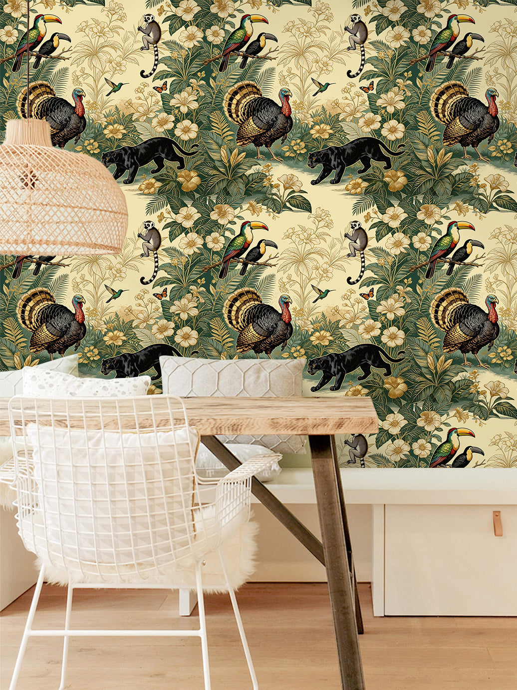HaokHome Peel and Stick Wallpaper Vintage Tropical Jungle Animal Botanical Jaguar & Toucan Nature Style Removable Self Adhesive Wallpaper for Living Room & Bedroom
