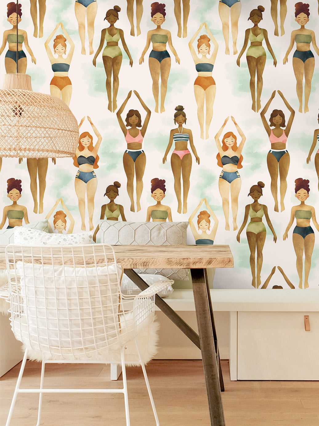 HaokHome Peel and Stick Wallpaper Women in Swimsuits Art Wall Mural Watercolor Body Positivity Removable Self Adhesive Decor for Bedroom Studio Salon