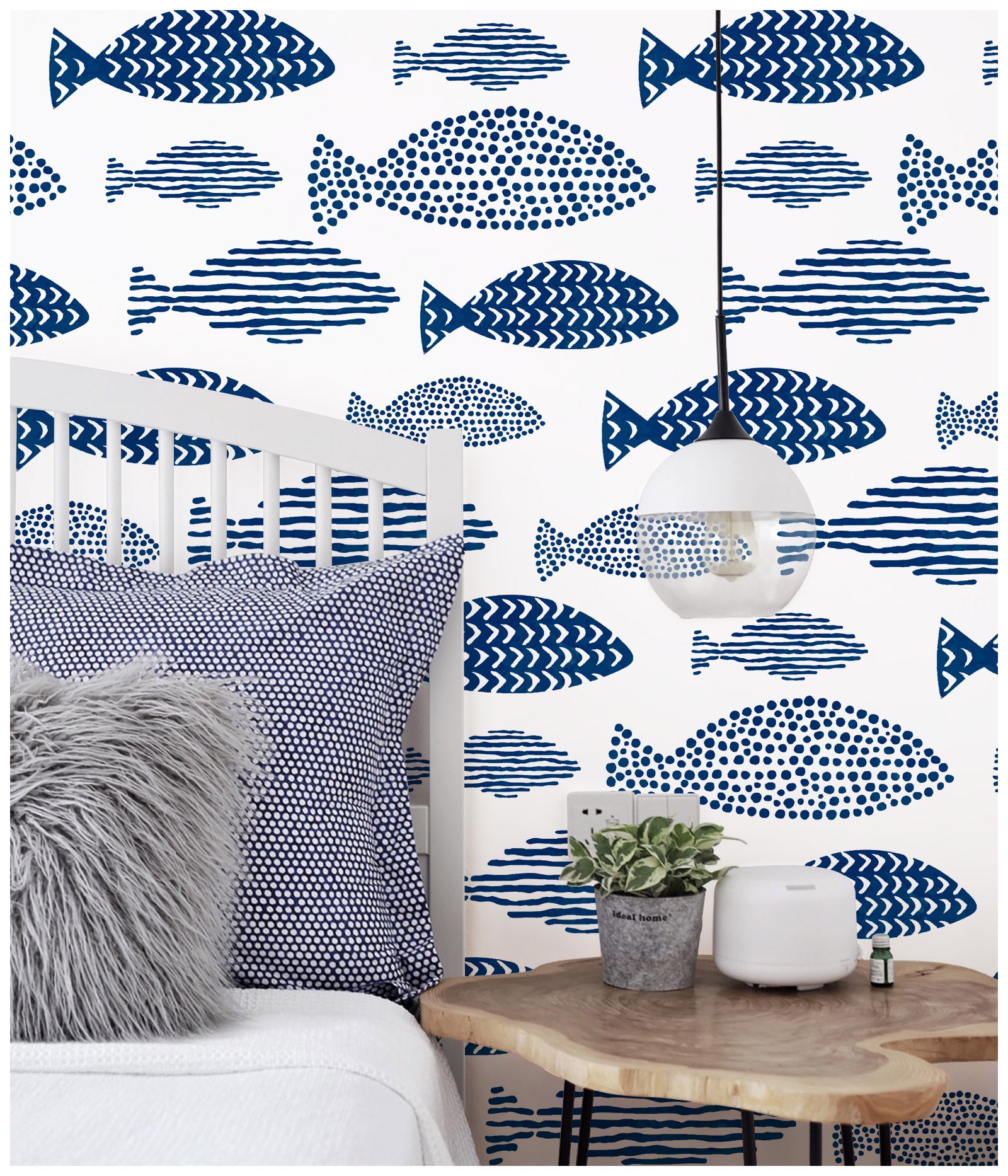 HaokHome Waterproof Wallpaper Peel and Stick Abstract Geometry Blue Fish Trellis Indigo Removable Contact Paper for Bathroom Kids Room Wall Decoration