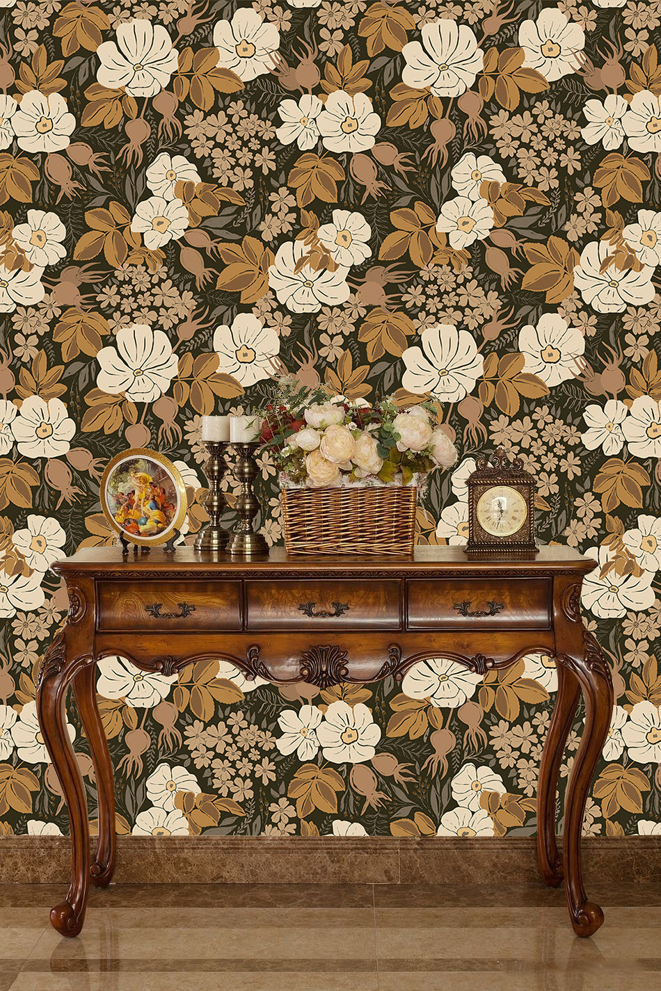 HaokHome Vintage Floral Peel and Stick Wallpaper – Beige & Brown Botanical Pattern