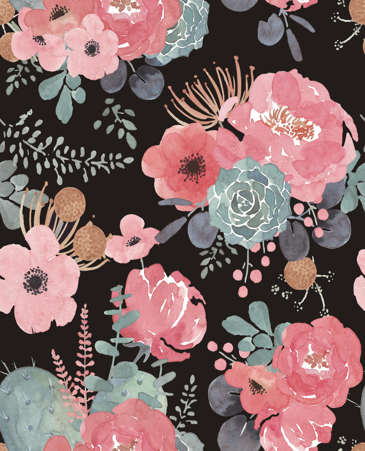 Watercolor Blush Rose & Cactus Peel and Stick Wallpaper, Moody Dark Botanical Decor | HaokHome