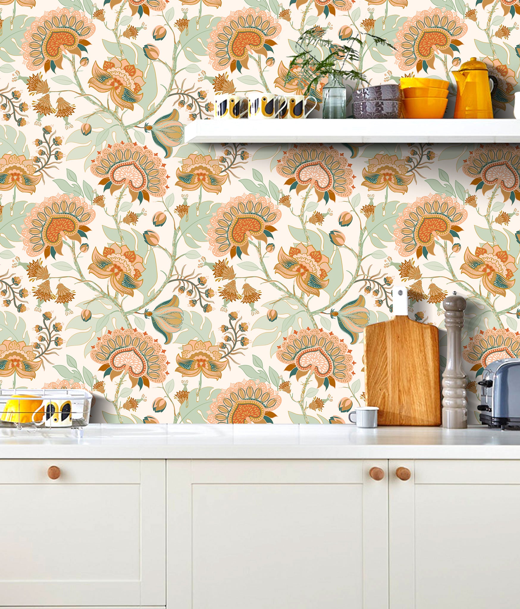 HaokHome Boho Wallpaper Vintage Chomper Flower Peel and Stick Wall Paper for Home Decor Countertops Cabinets