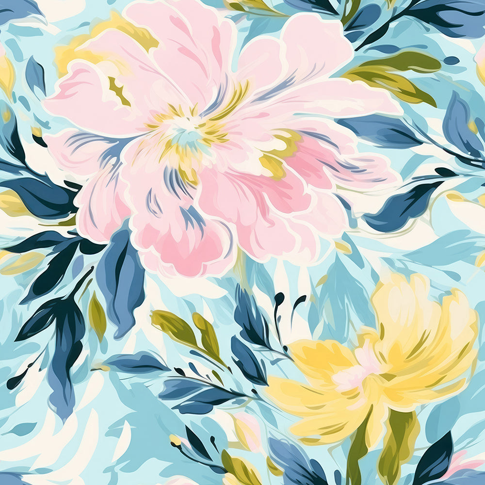HaokHome Hand-Painted Floral Wallpaper – Soft Pink and Yellow Flowers with Blue Leaves for Bedroom & Living Room