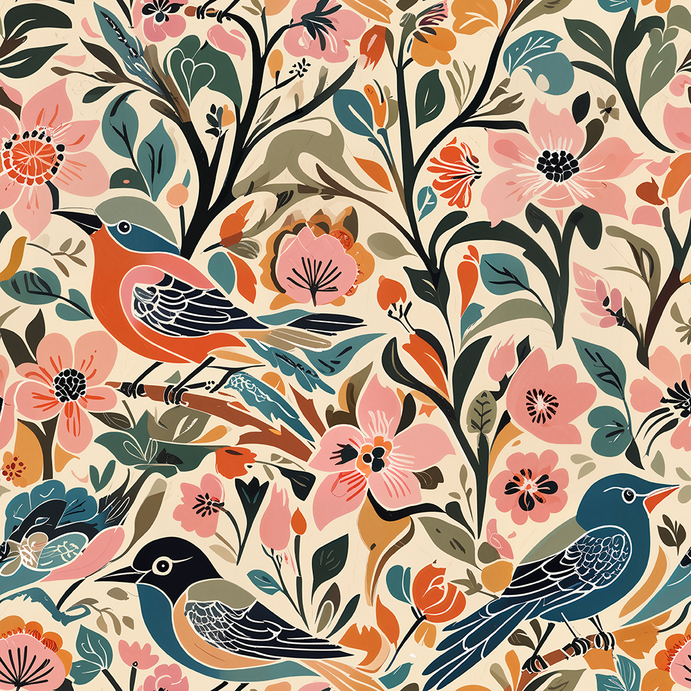 HaokHome Hand-Drawn Birds and Flowers Wallpaper – Vibrant Floral Design with Colorful Birds on Light Beige Background
