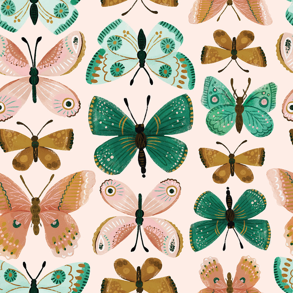 HaokHome Butterfly Wallpaper – Colorful Pink, Green, and Gold Butterflies on Soft Pink Background for Nursery & Kids' Room