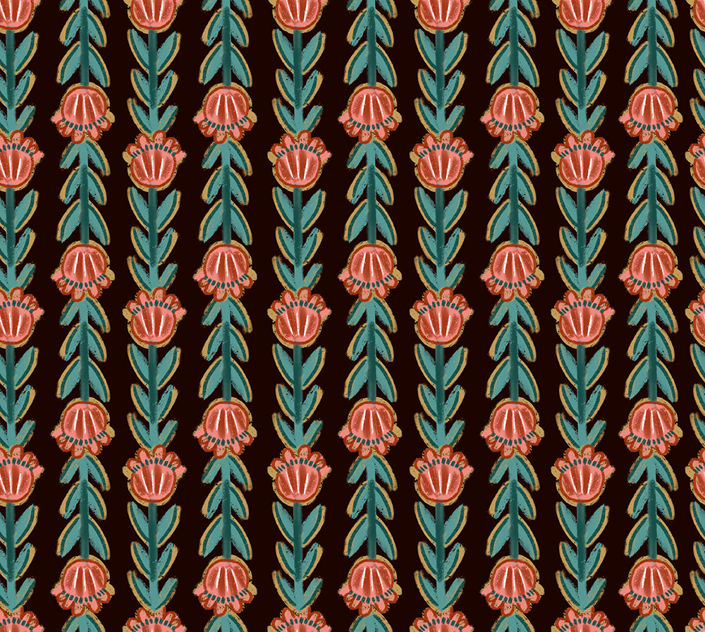 HaokHome Floral Pattern Wallpaper – Vintage-Inspired Tulips and Leaves on Dark Brown Background for Living Room & Bedroom