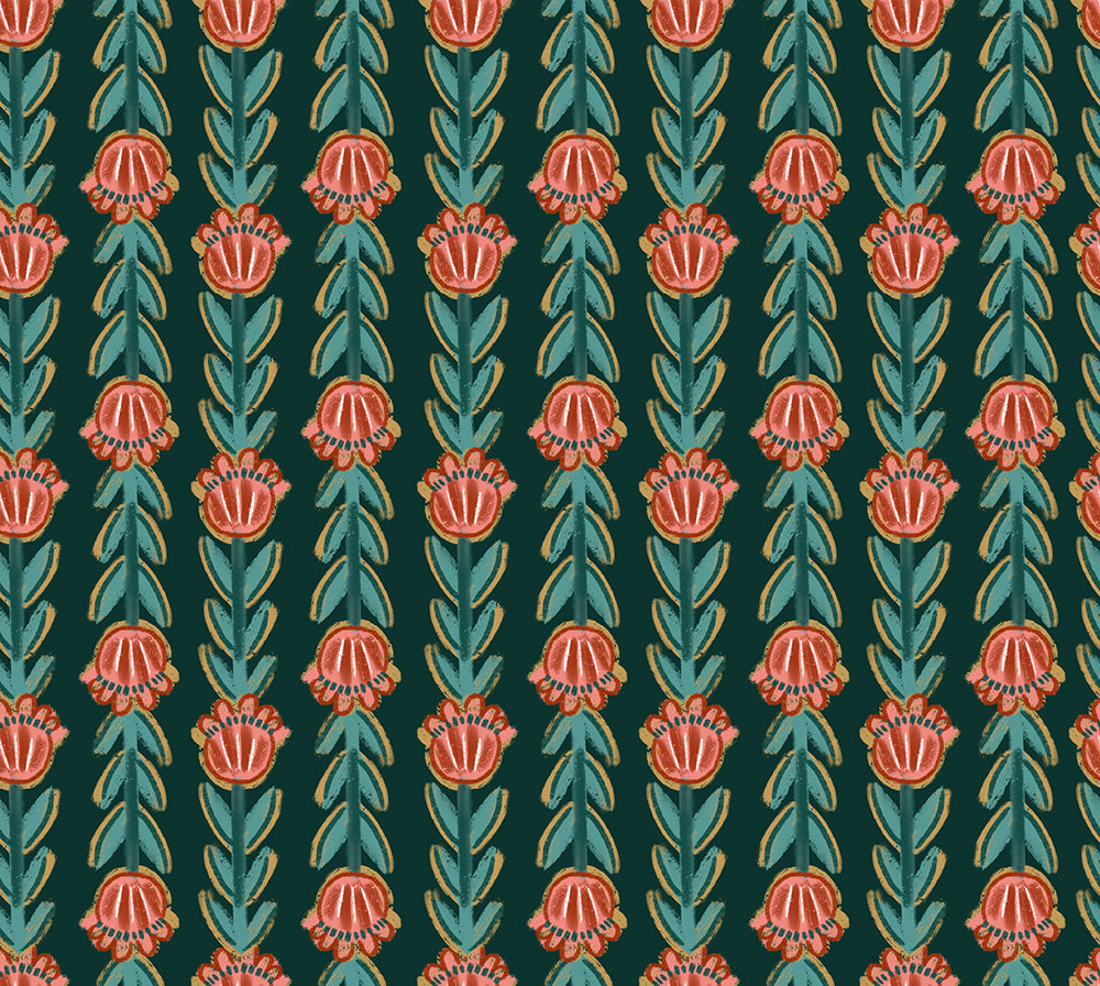 HaokHome Floral Pattern Wallpaper – Vintage-Inspired Tulips and Leaves on Dark Green Background for Living Room & Bedroom