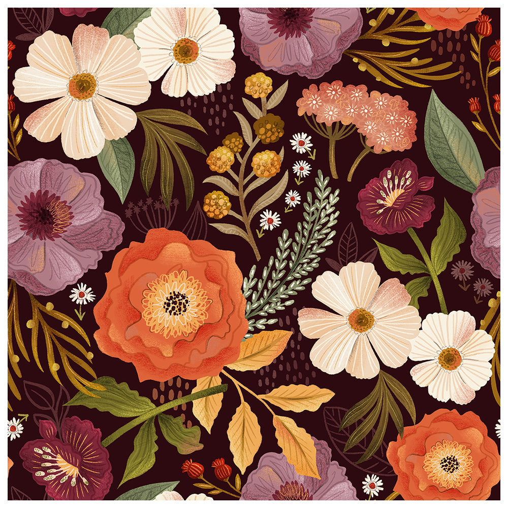 HaokHome Floral Pattern Wallpaper – Elegant Poppies, Daisies, and Leaves on Deep Burgundy Background
